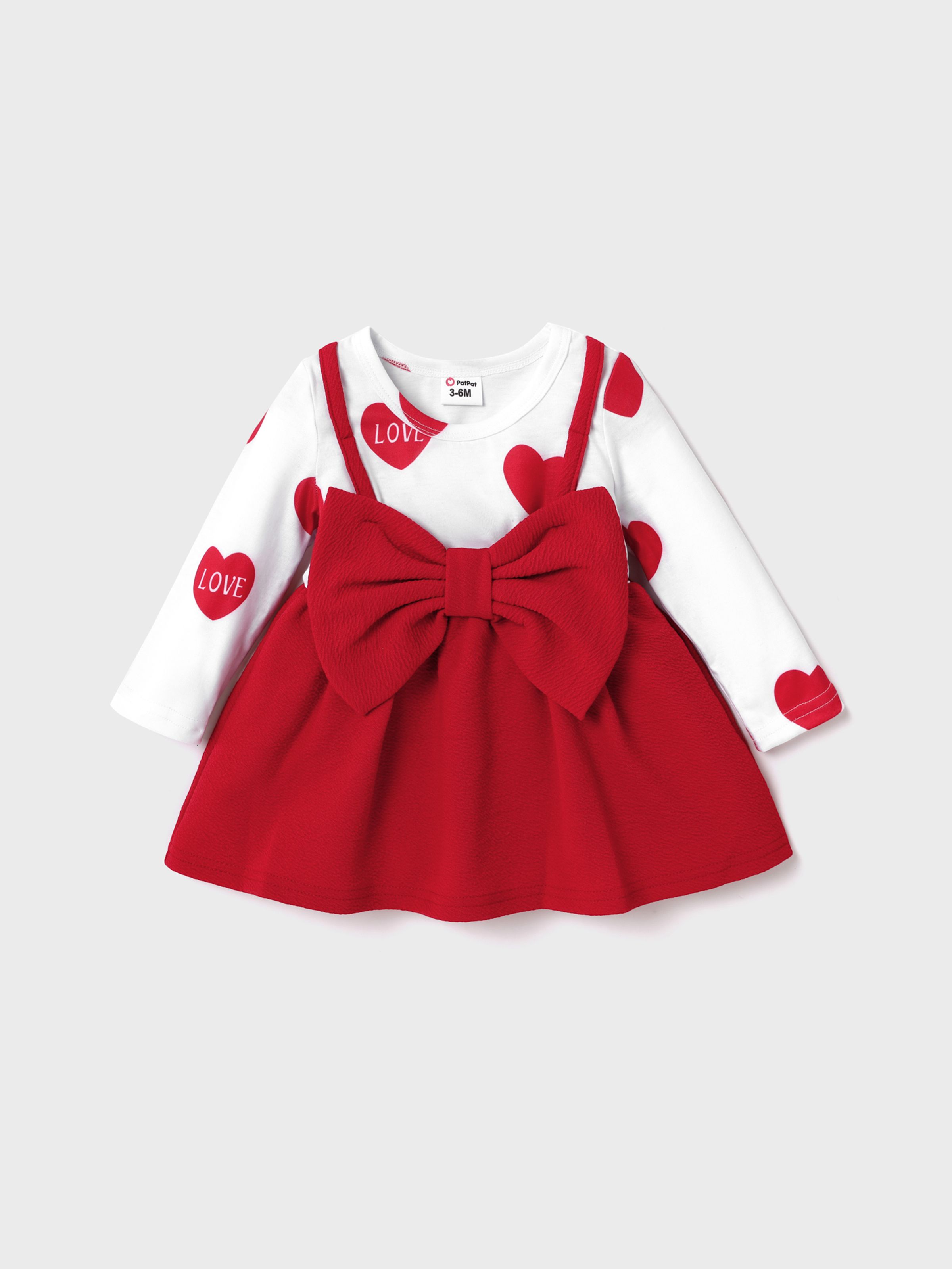 

Baby Girl Red Love Heart Print Long-sleeve Splicing Bowknot Dress