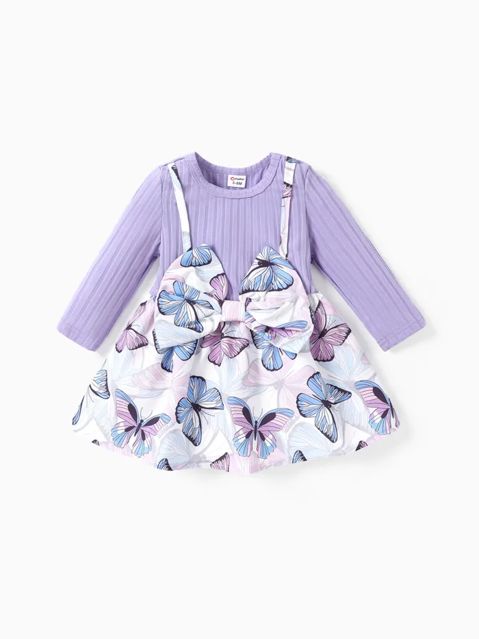 Baby Girl Solid Rib Knit Spliced Allover Butterfly Print Bow Front Long-sleeve Dress