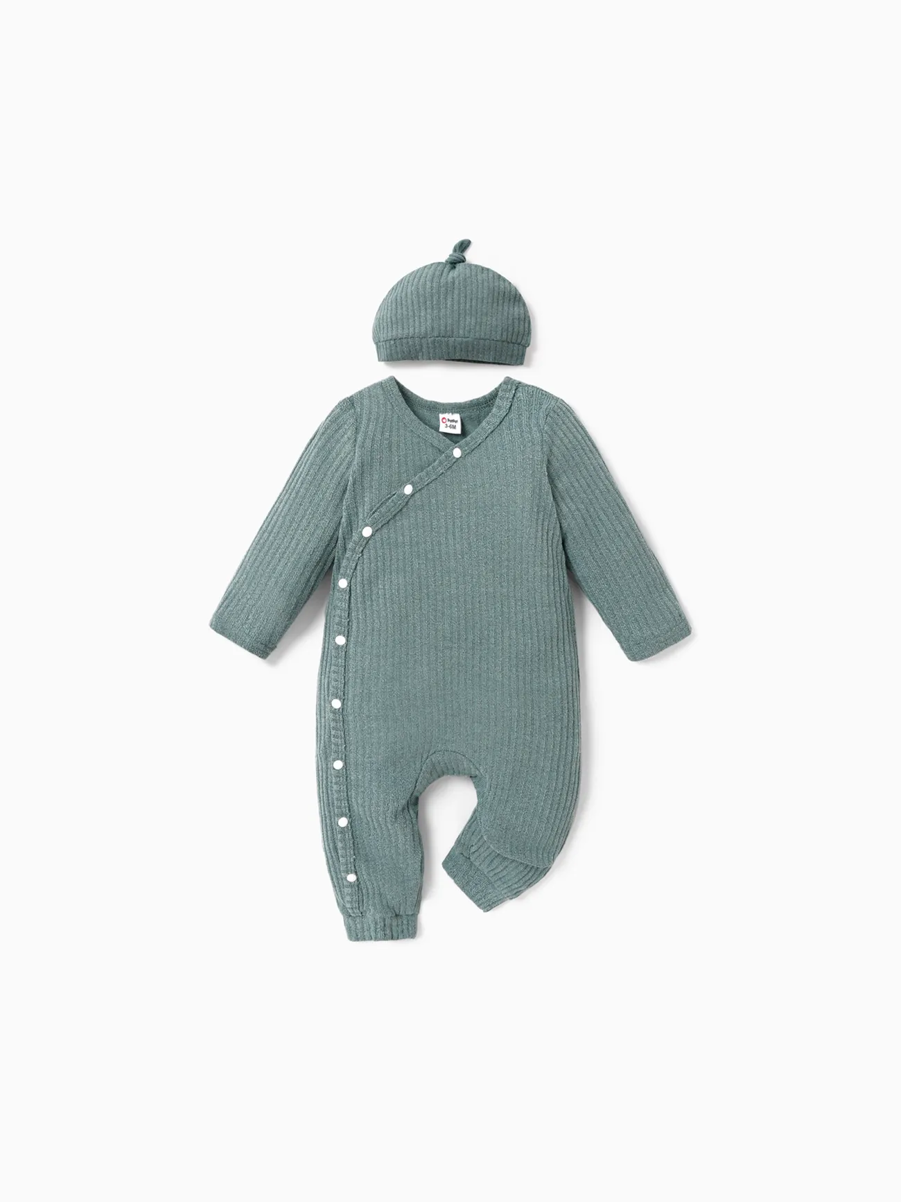 

2pcs Baby Boy/Girl Solid Rib Knit Button Front Long-sleeve Jumpsuit with Hat Set