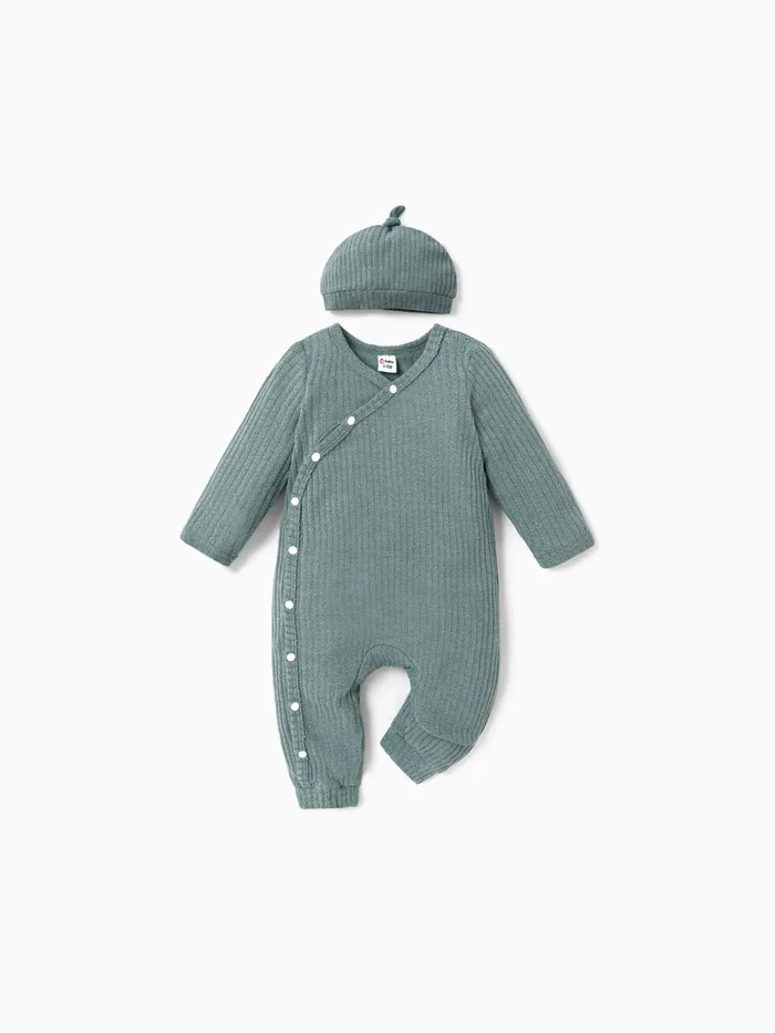 2pcs Baby Boy/Girl Solid Rib Knit Button Front Long-sleeve Jumpsuit with Hat Set