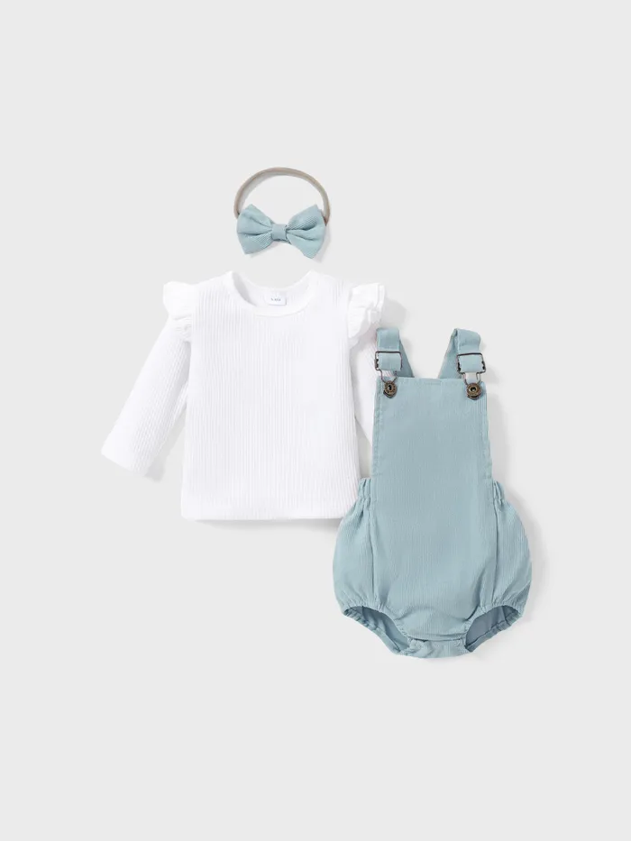Conjunto para bebê menina (3 peças) com macacão curto e blusa canelada de manga curta sem estampa