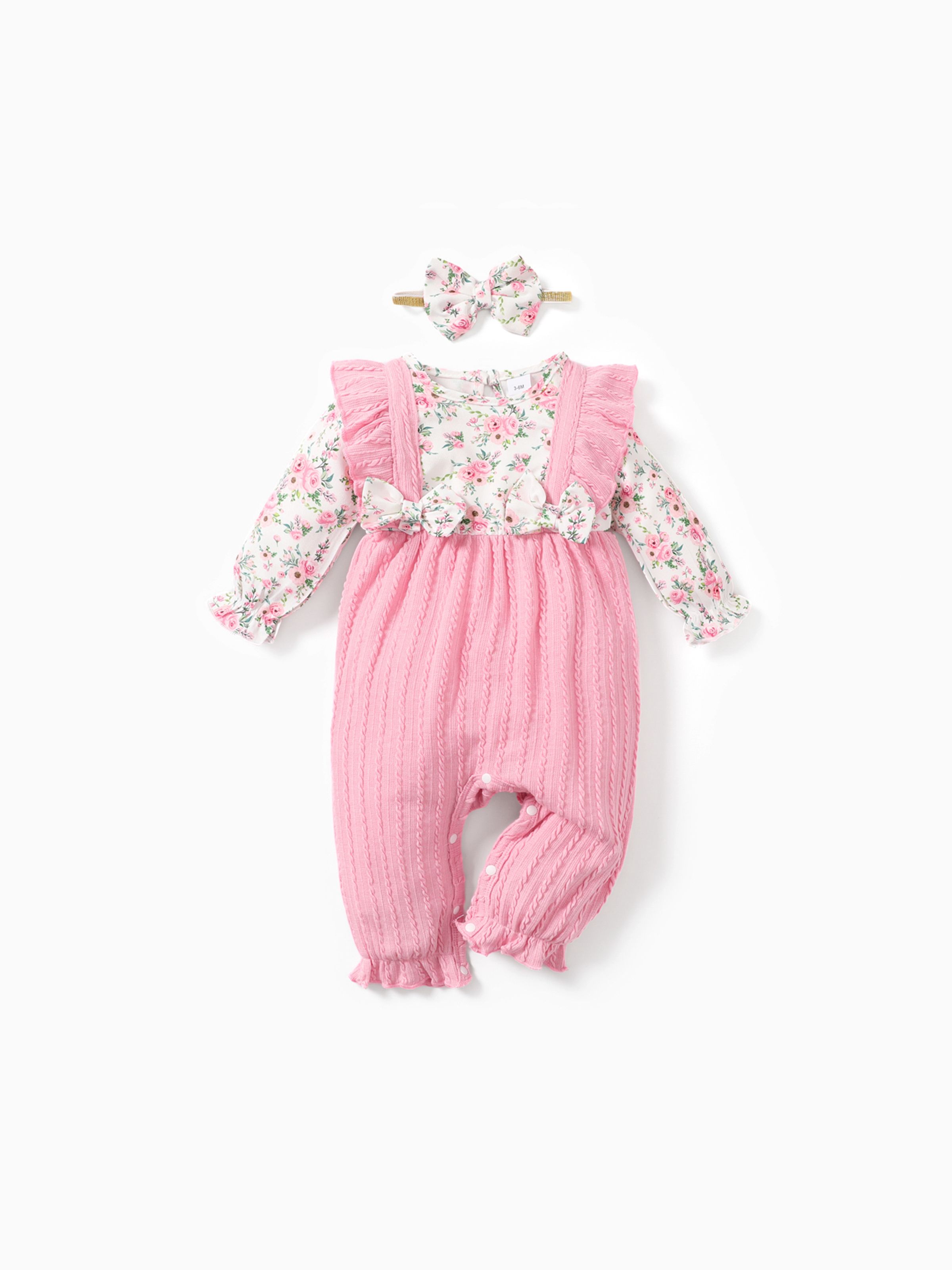 

2pcs Baby Girl Long-sleeve Ruffle Trim Bow Front Floral Print Textured Spliced Jumpsuit & Headband Set