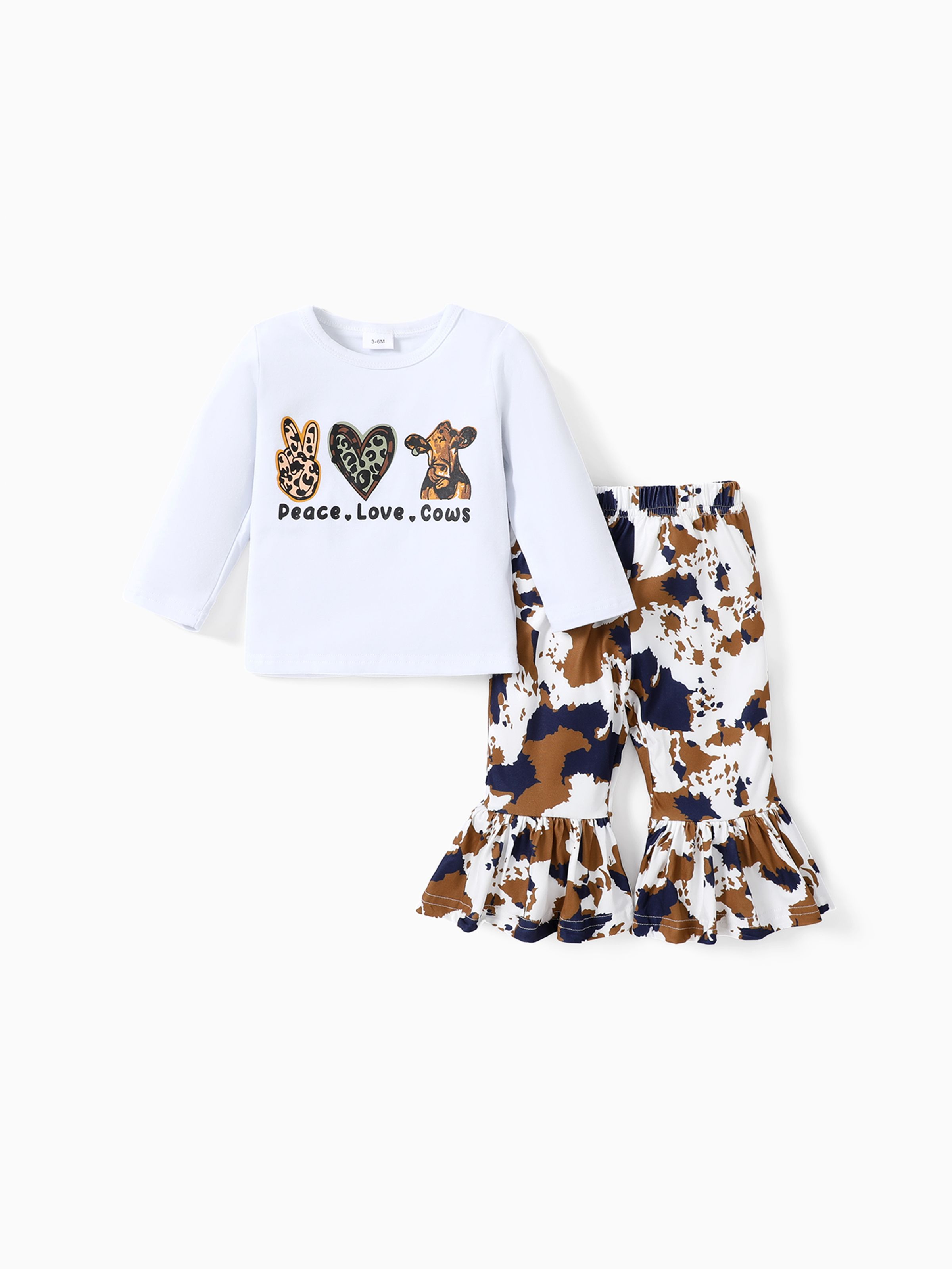 

2pcs Baby Girl 95% Cotton Long-sleeve Graphic Tee and Allover Print Flared Pants Set