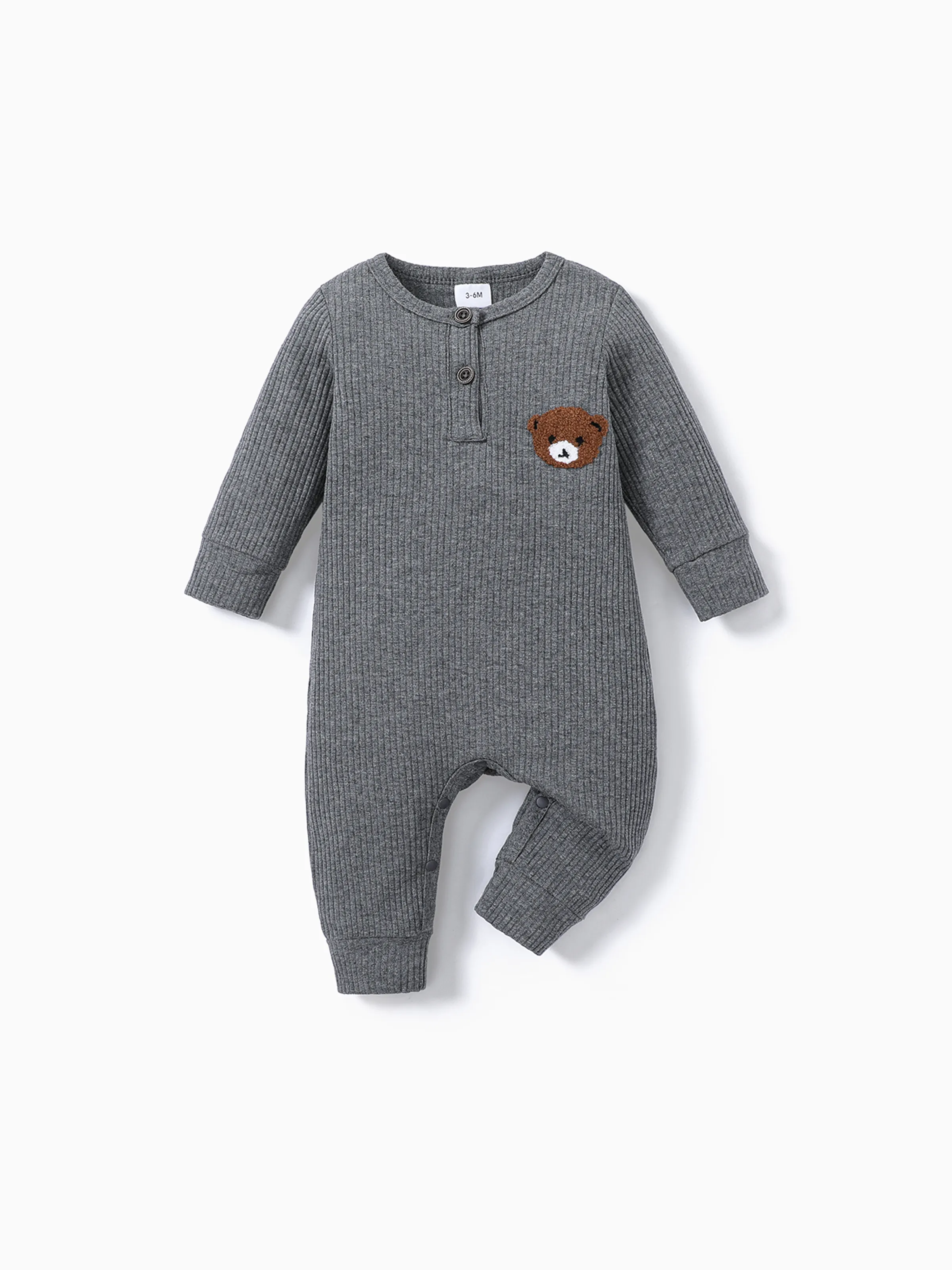 

Baby Boy Bear Embroidered Cotton Ribbed Long-sleeve Jumpsuit