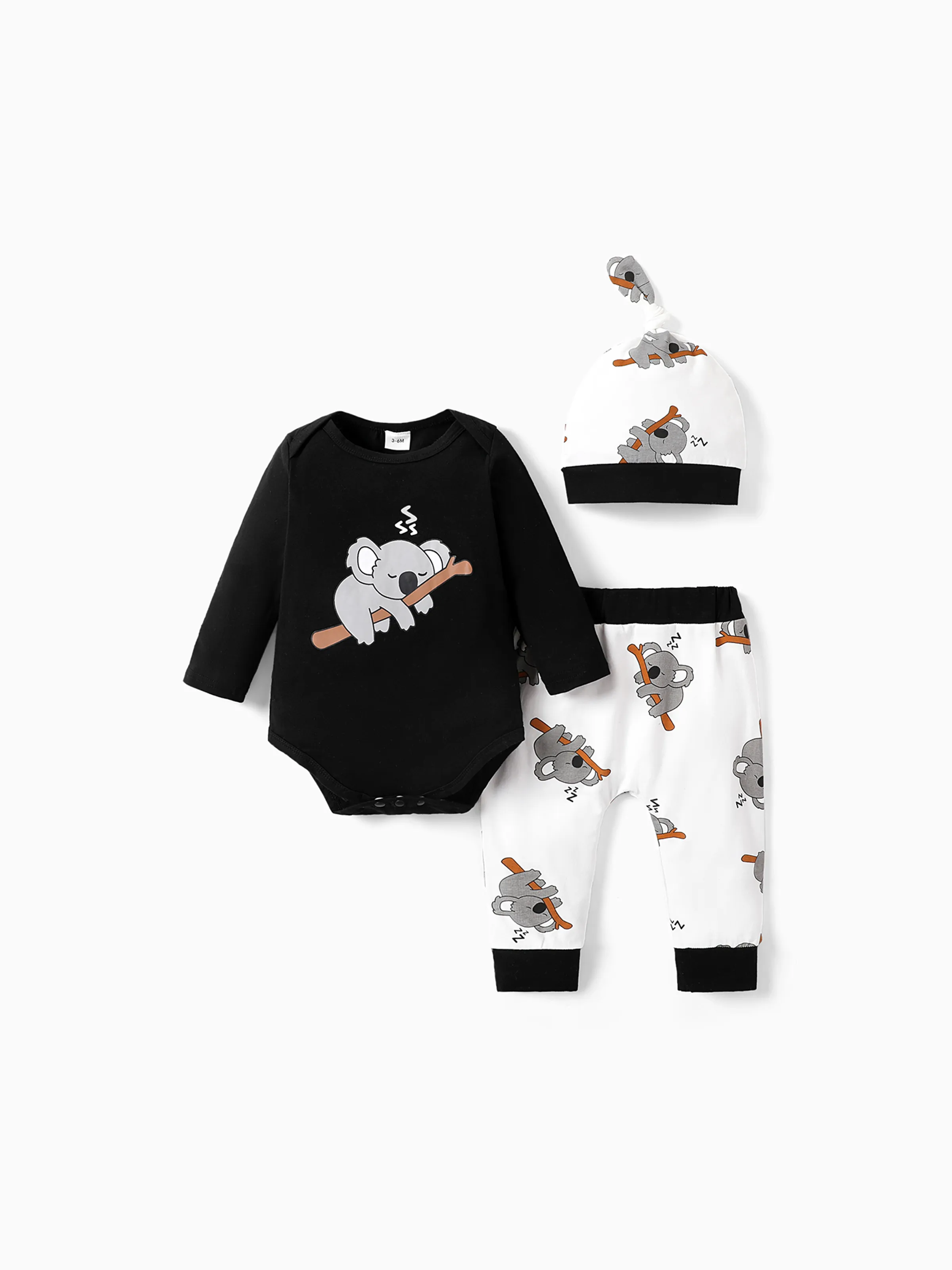 

3pcs Baby Boy/Girl 95% Cotton Long-sleeve Koala Print Romper and Pants with Hat Set