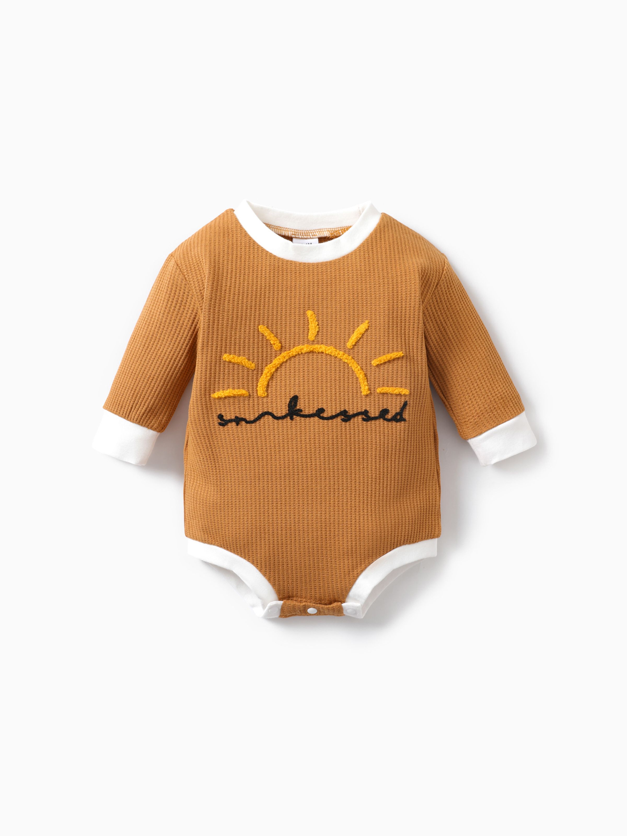 

100% Cotton Baby Boy/Girl Sun Embroidered Long-sleeve Waffle Romper
