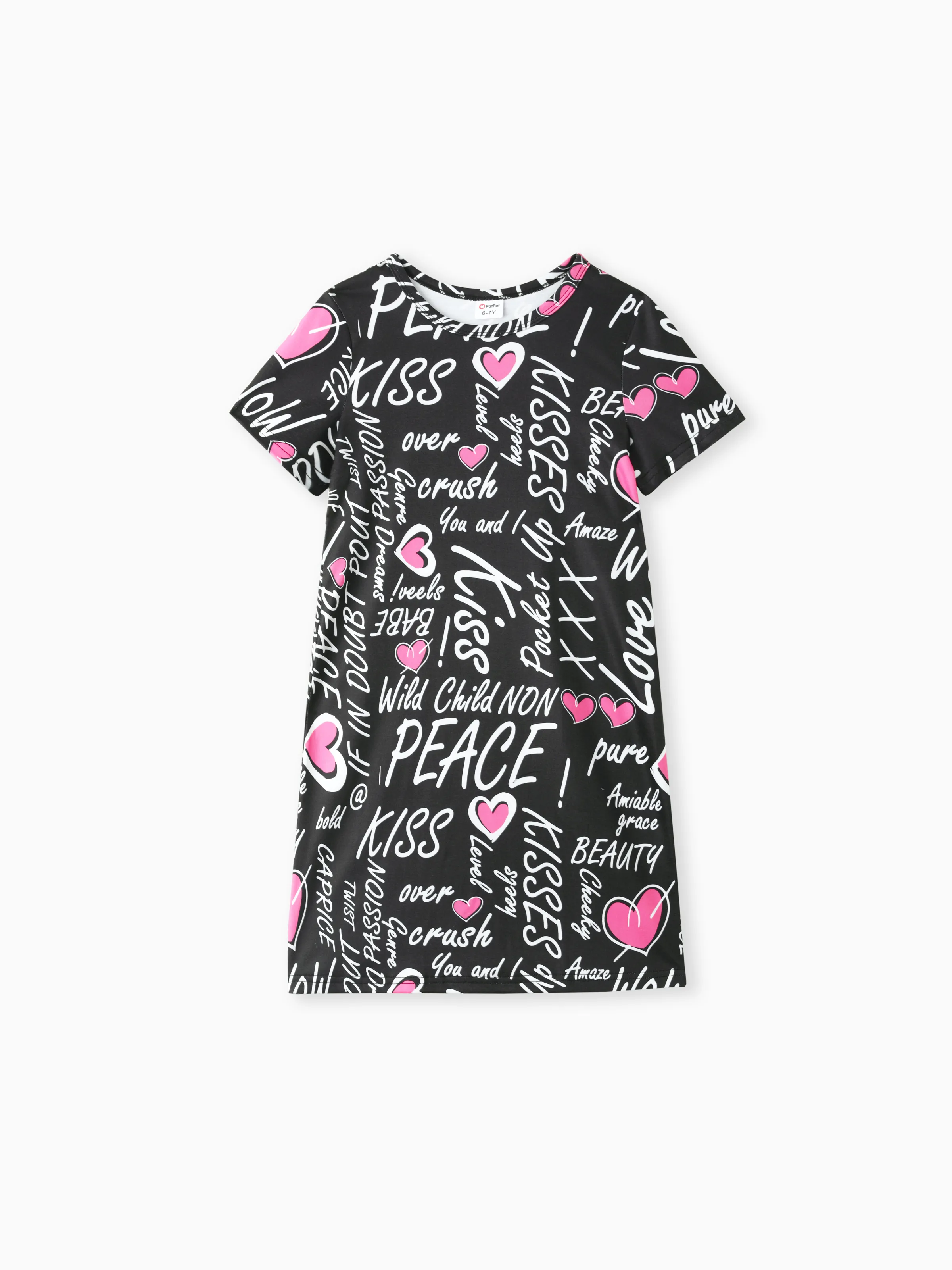 vestido de manga corta con estampado de letras y corazones para niña