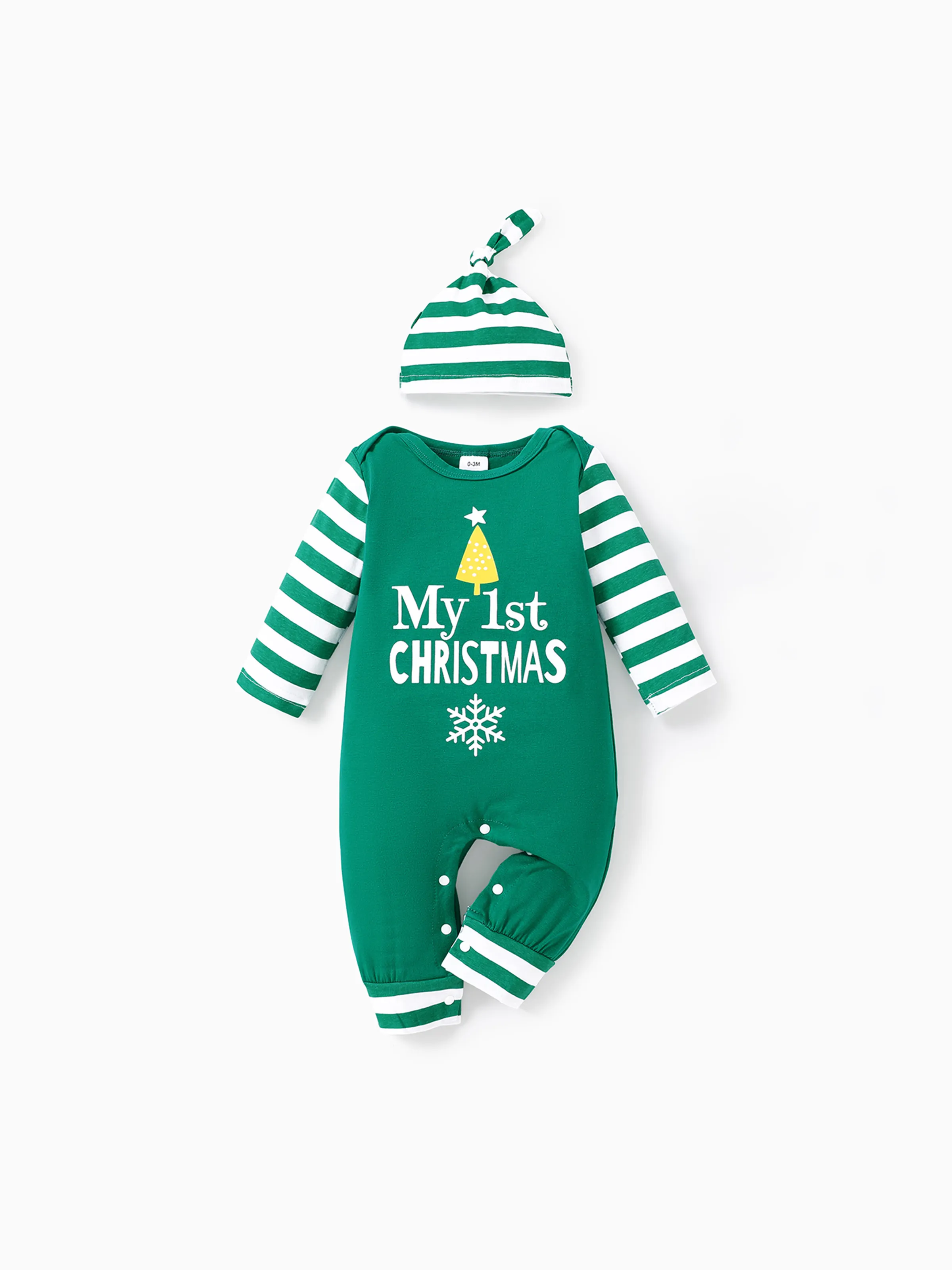 

Christmas 2pcs Baby Boy/Girl 95% Cotton Striped Long-sleeve Letter Print Jumpsuit with Hat Set