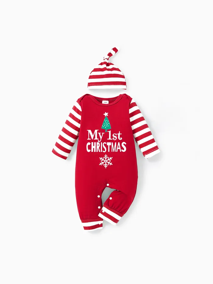 Christmas 2pcs Baby Boy/Girl 95% Cotton Striped Long-sleeve Letter Print Jumpsuit with Hat Set