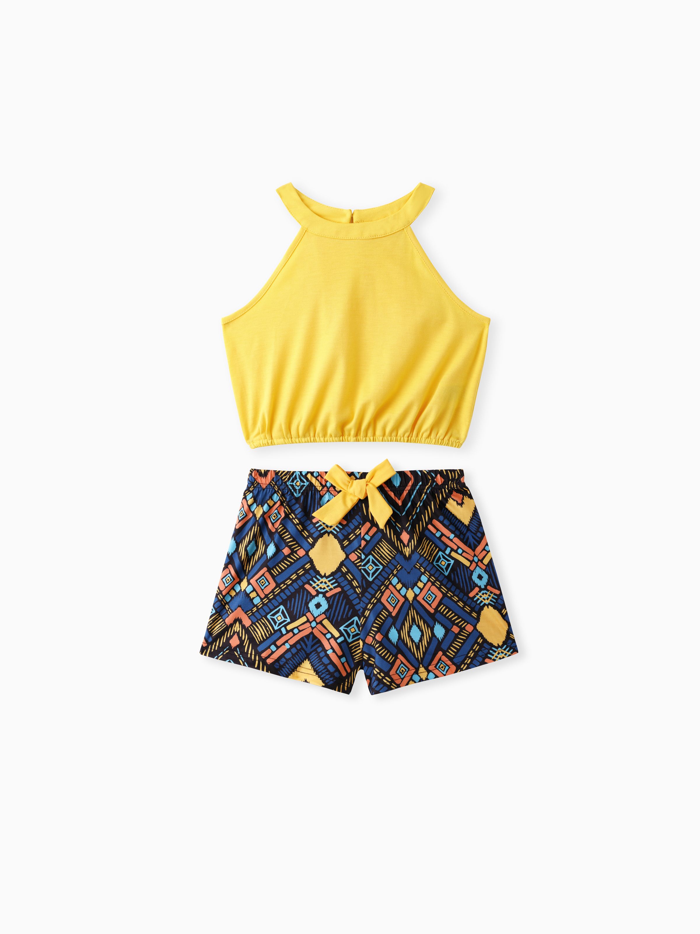 

2pcs Kid Girl Yellow Halter Camisole and Bowknot Design Exotic Shorts Set