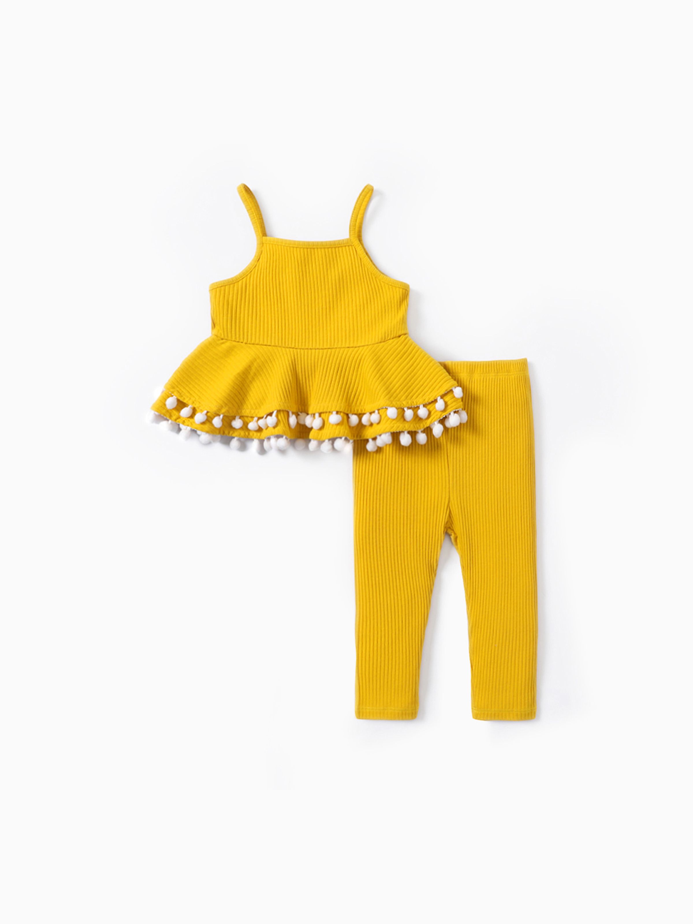 

2pcs Baby Girl Solid Cotton Ribbed Layered Ruffle Hem Pom Poms Cami Top & Leggings Set