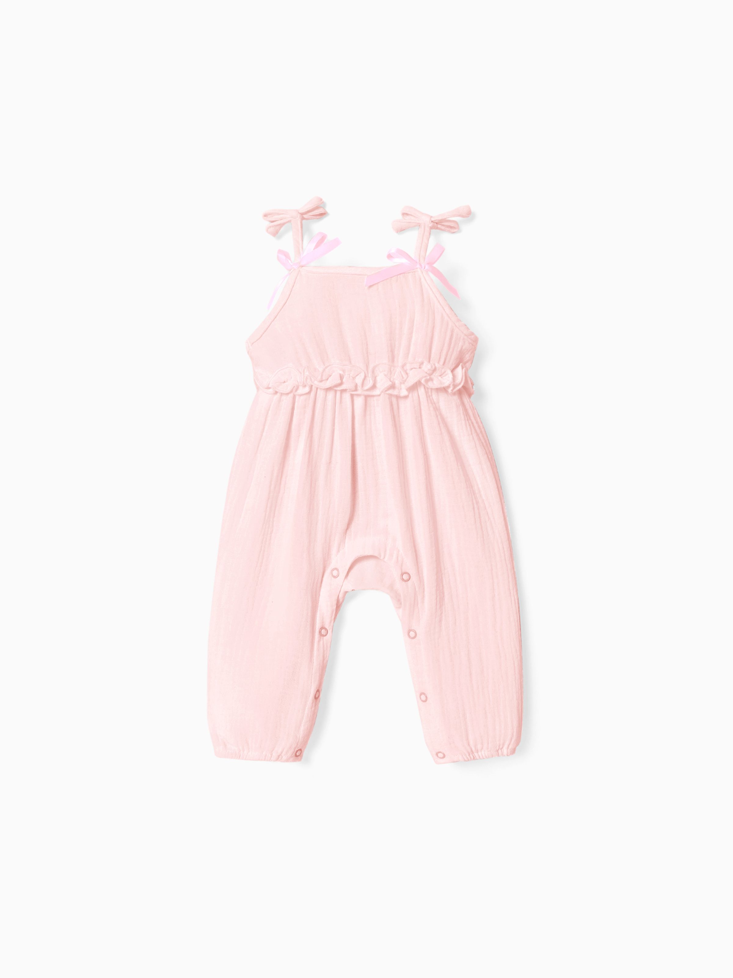 

Baby Girl 100% Cotton Crepe Bow Decor Solid Cami Jumpsuit