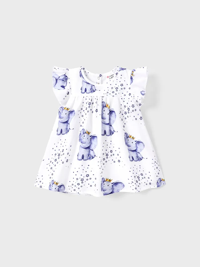 Baby Girl Allover Elephant & Star Print Flutter-sleeve Dress