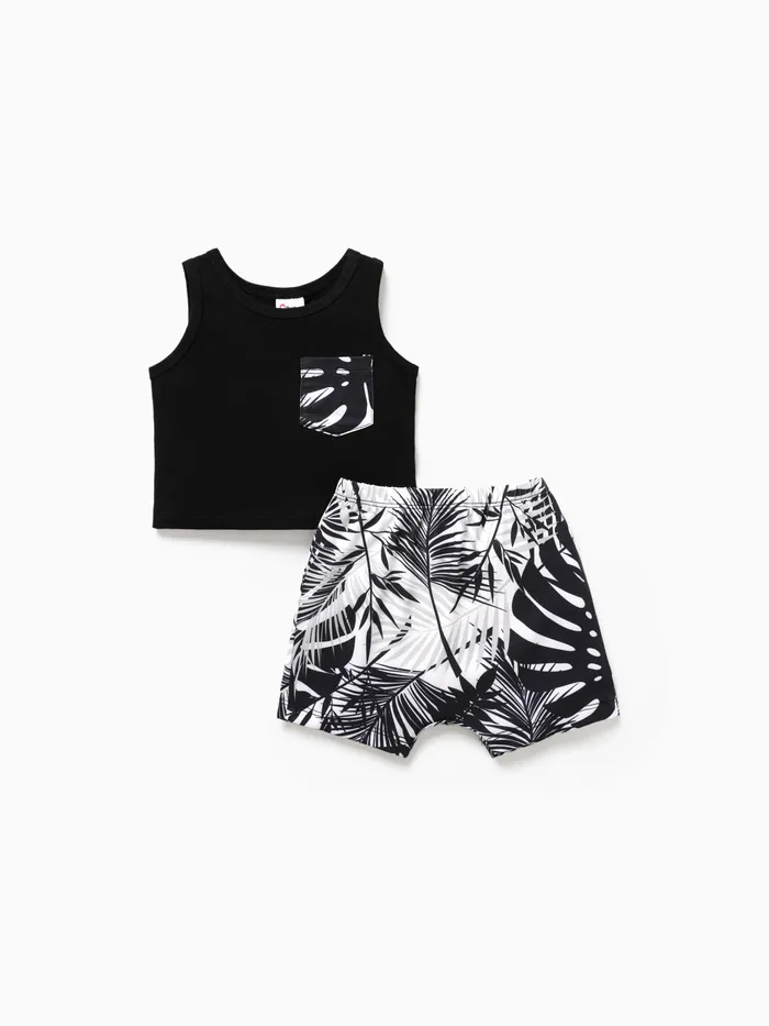 2pcs Baby Boy Cotton Tank Top and Allover Tropical Plant Print Naia™ Shorts Set
