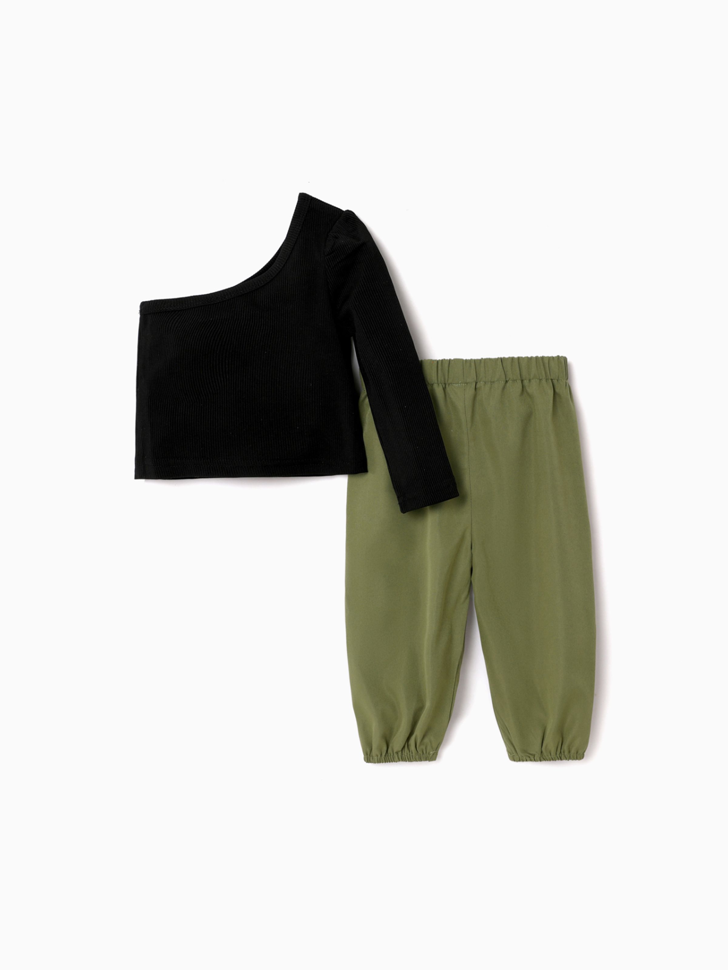 

2pcs Baby Girl Solid One Shoulder Long-sleeve Tee and Pants Set