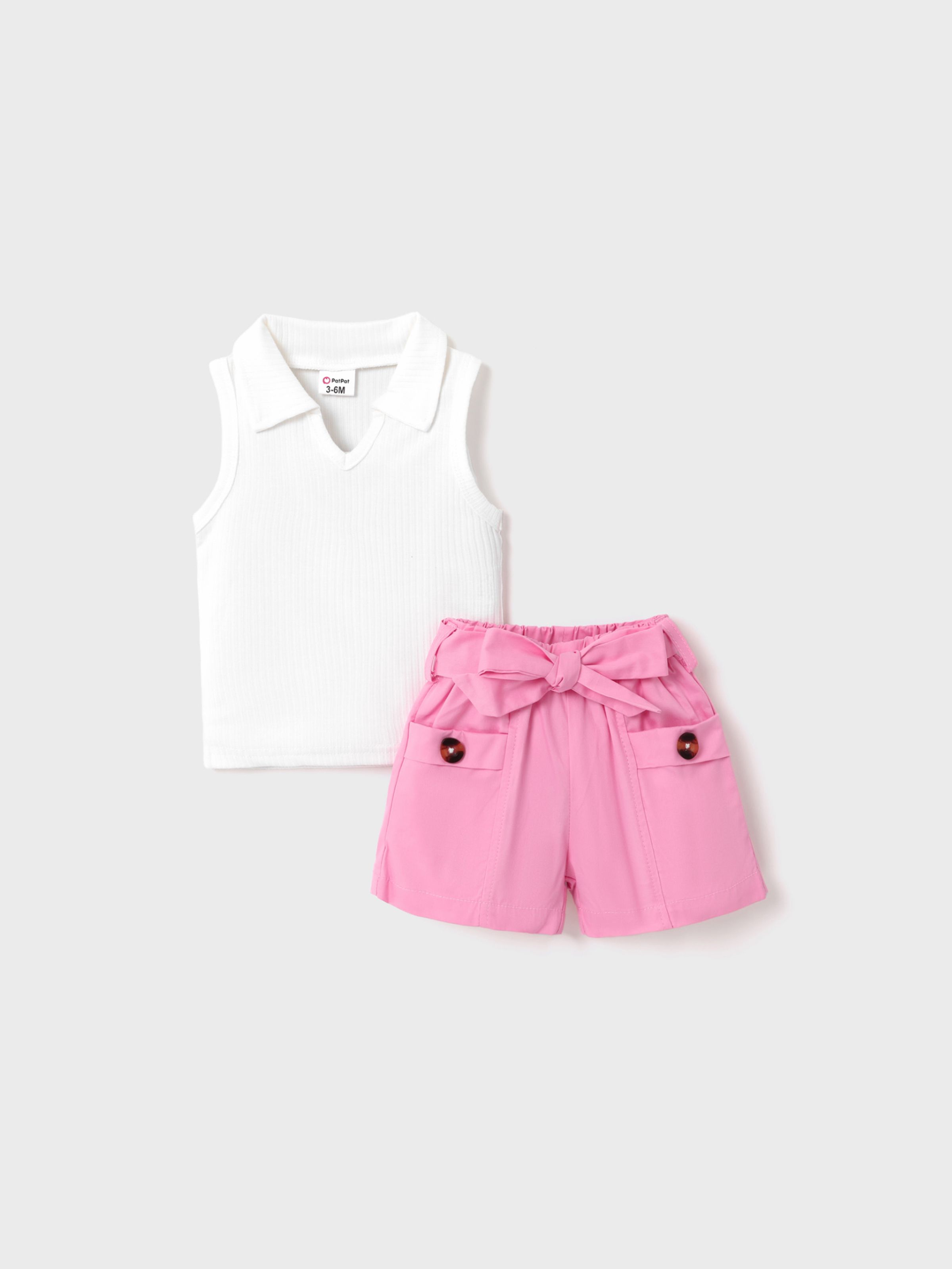 

2pcs Baby Girl 100% Cotton Belted Shorts and Ribbed Notched Polo Neck Tank Top Set