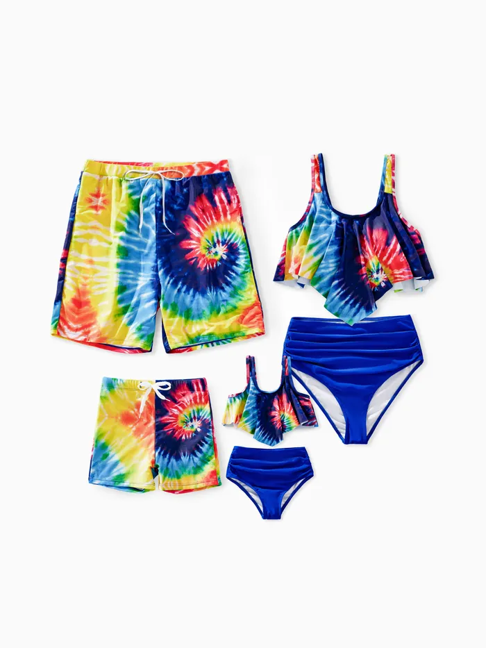 Casual Tie-Dyed Family Swimwear with Ruffle Edge, Medium Thickness, Opaque, Regular Fit - Polyester and Spandex Blend.