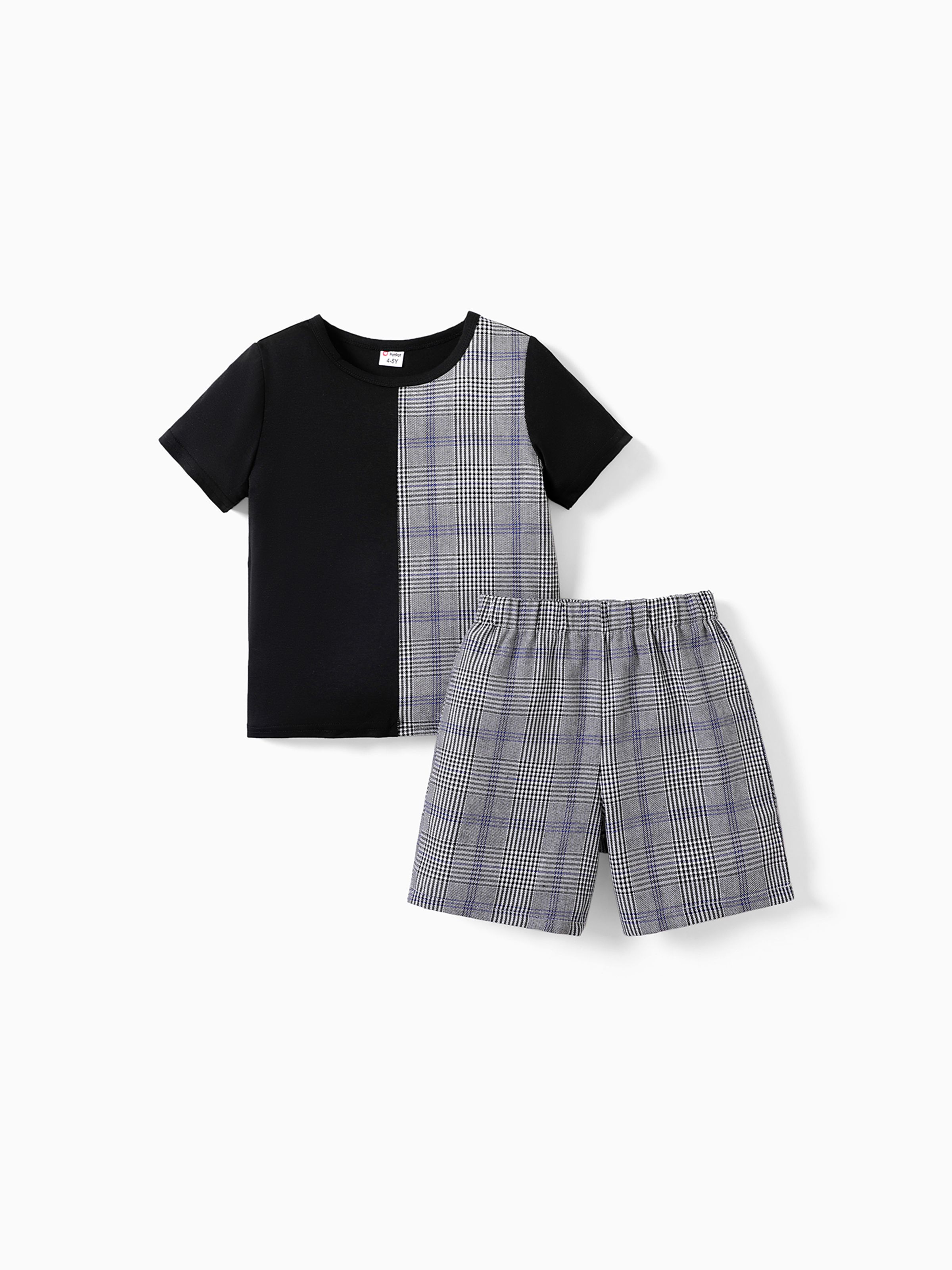 

2-piece Kid Boy Plaid Colorblock Tee and Elasticized Shorts Casual Set
