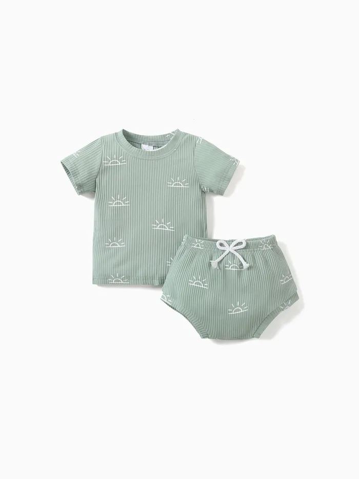 2 peças bebê menino/menina 95% algodão com nervuras manga curta em todo o conjunto top e shorts com estampa de sol