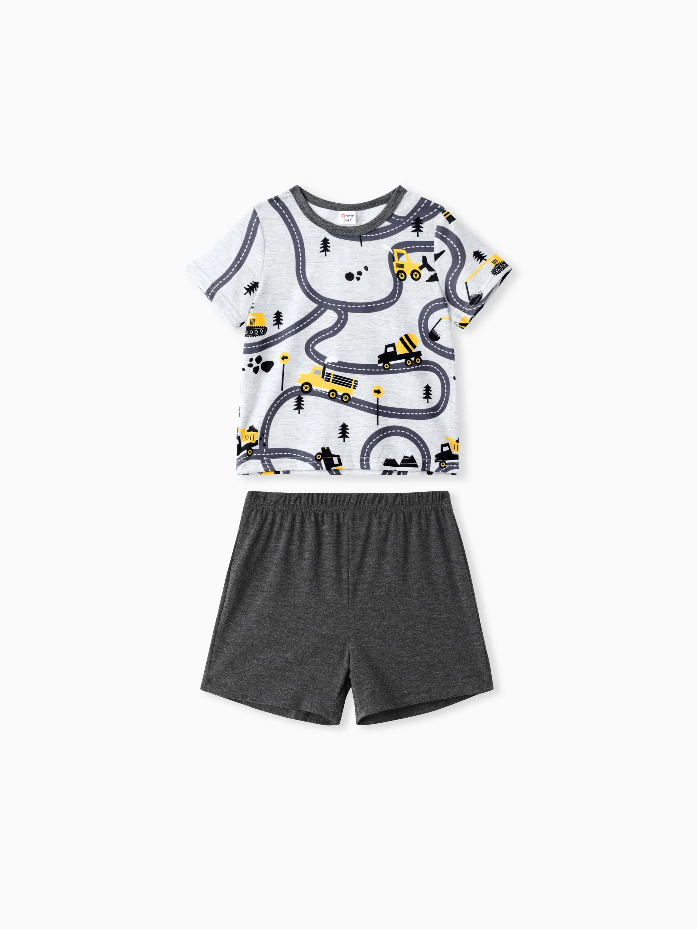 2-piece Toddler Boy Road Vehicle Print Short-sleeve Tee and Elasticized Grey Shorts Set