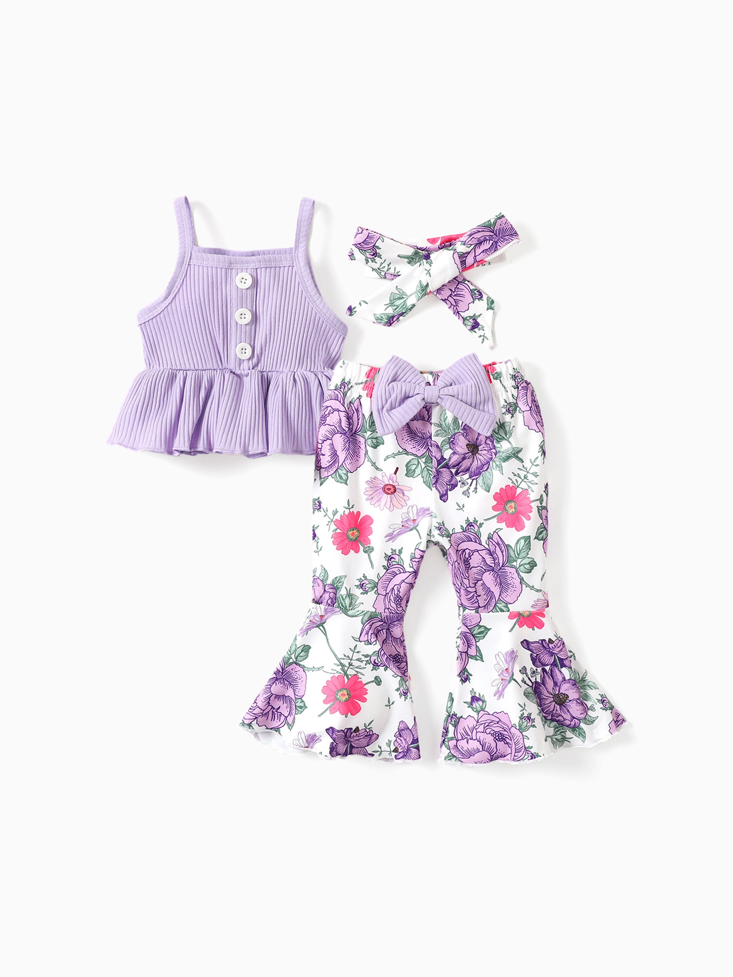 

3pcs Baby Girl 95% Cotton Ribbed Ruffle Hem Cami Top and Bow Front Floral Print Flared Pants & Headband Set