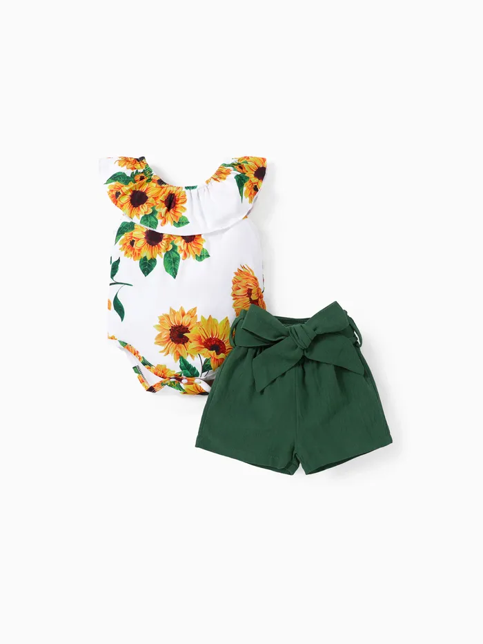 2pcs Baby Girl 100% Cotton Solid Belted Shorts and Allover Sunflower Print Ruffled Collar Tank Romper Set