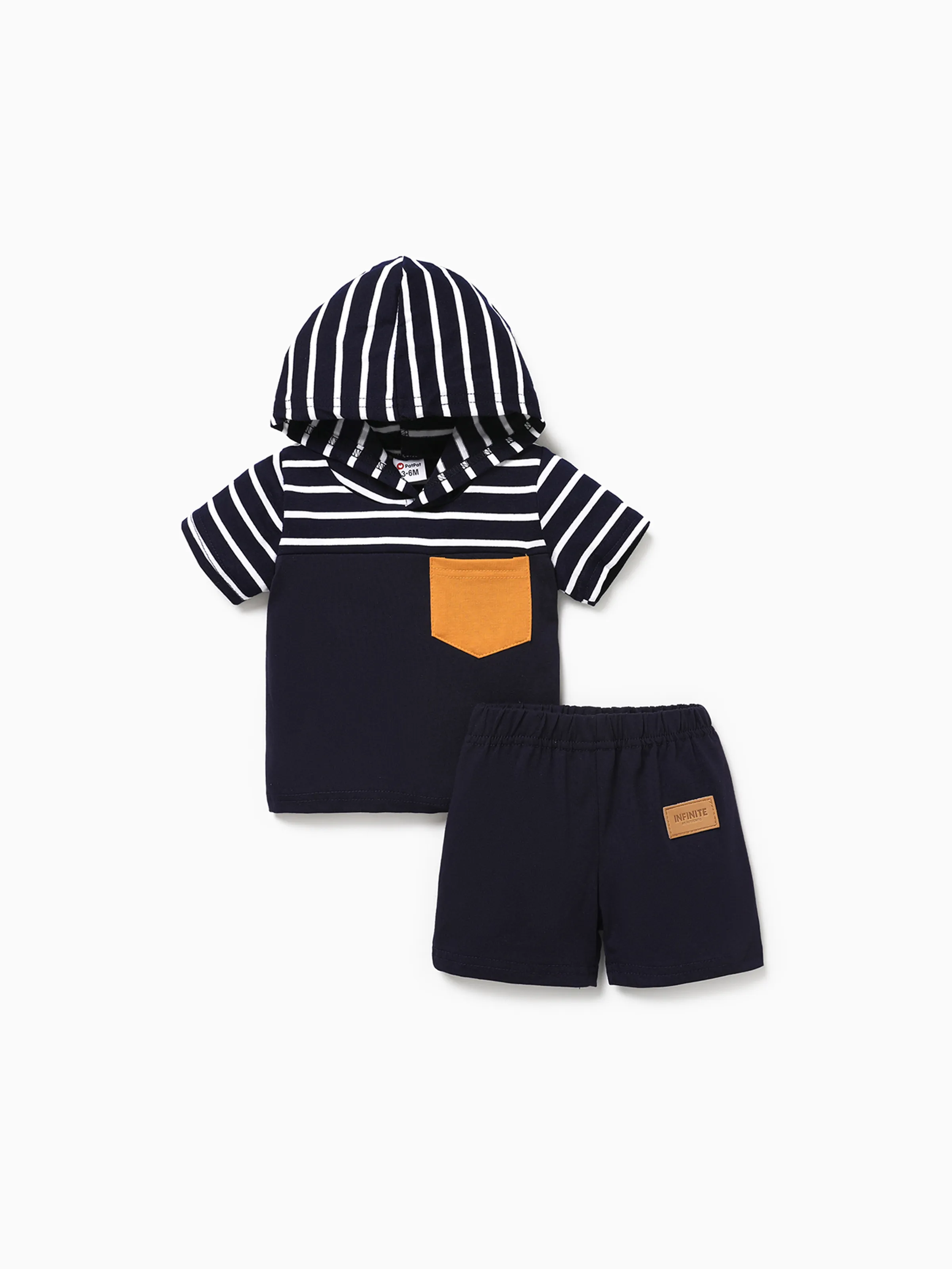 

2pcs Baby Boy Patch Pocket Short-sleeve Stripe Hoodie and Shorts Set