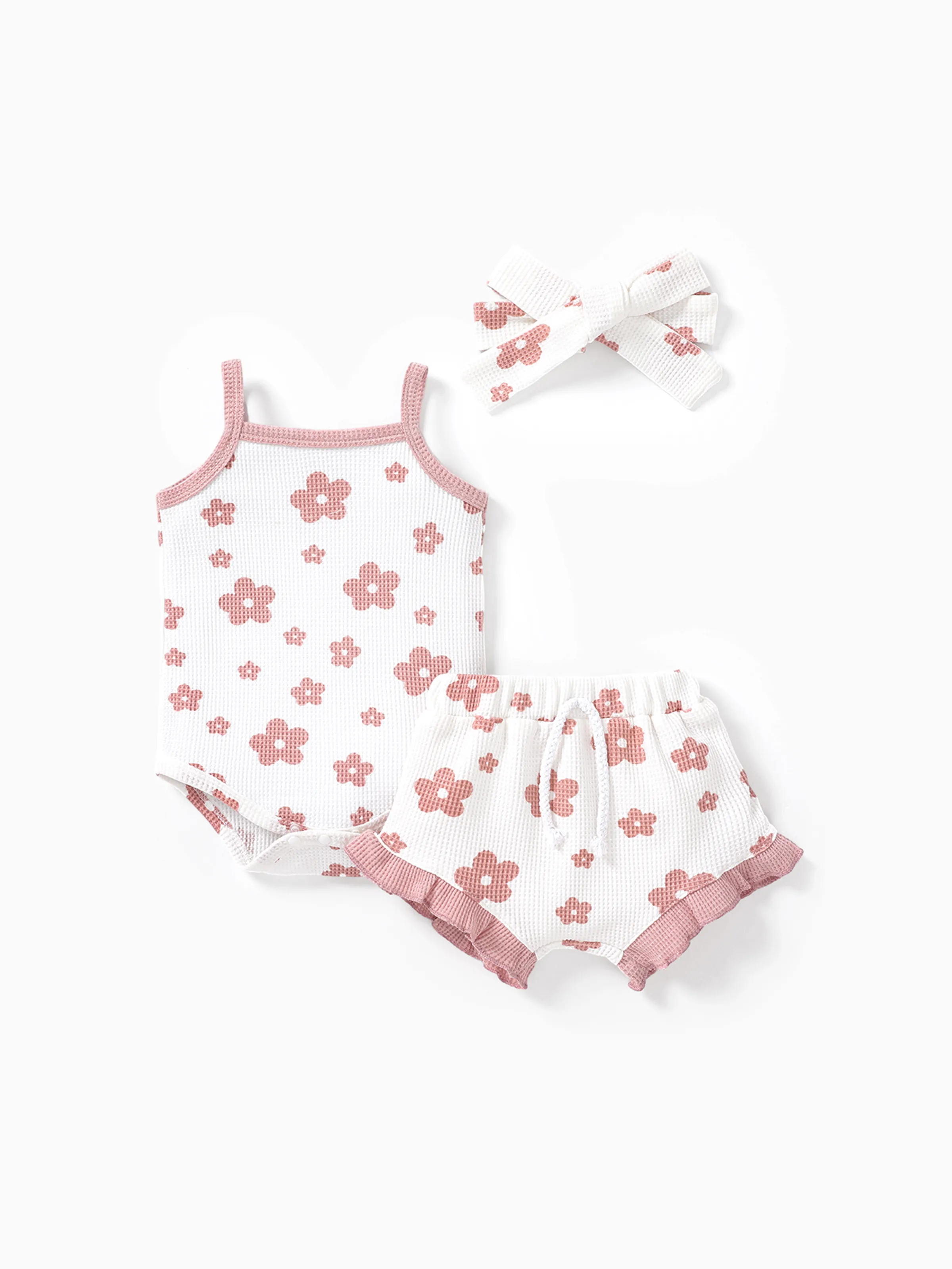 

3pcs Baby Girl 3-piece Floral Print Textured Cami Romper and Ruffled Shorts & Headband Set