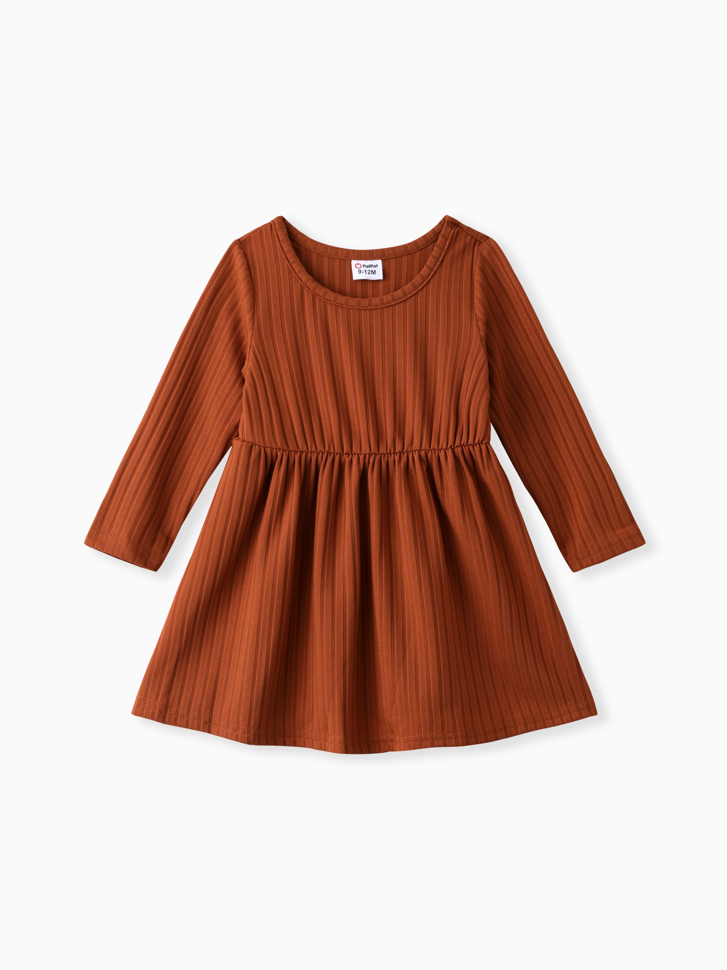 

Baby Girl Ribbed Brown/White/Striped Long-sleeve Dress