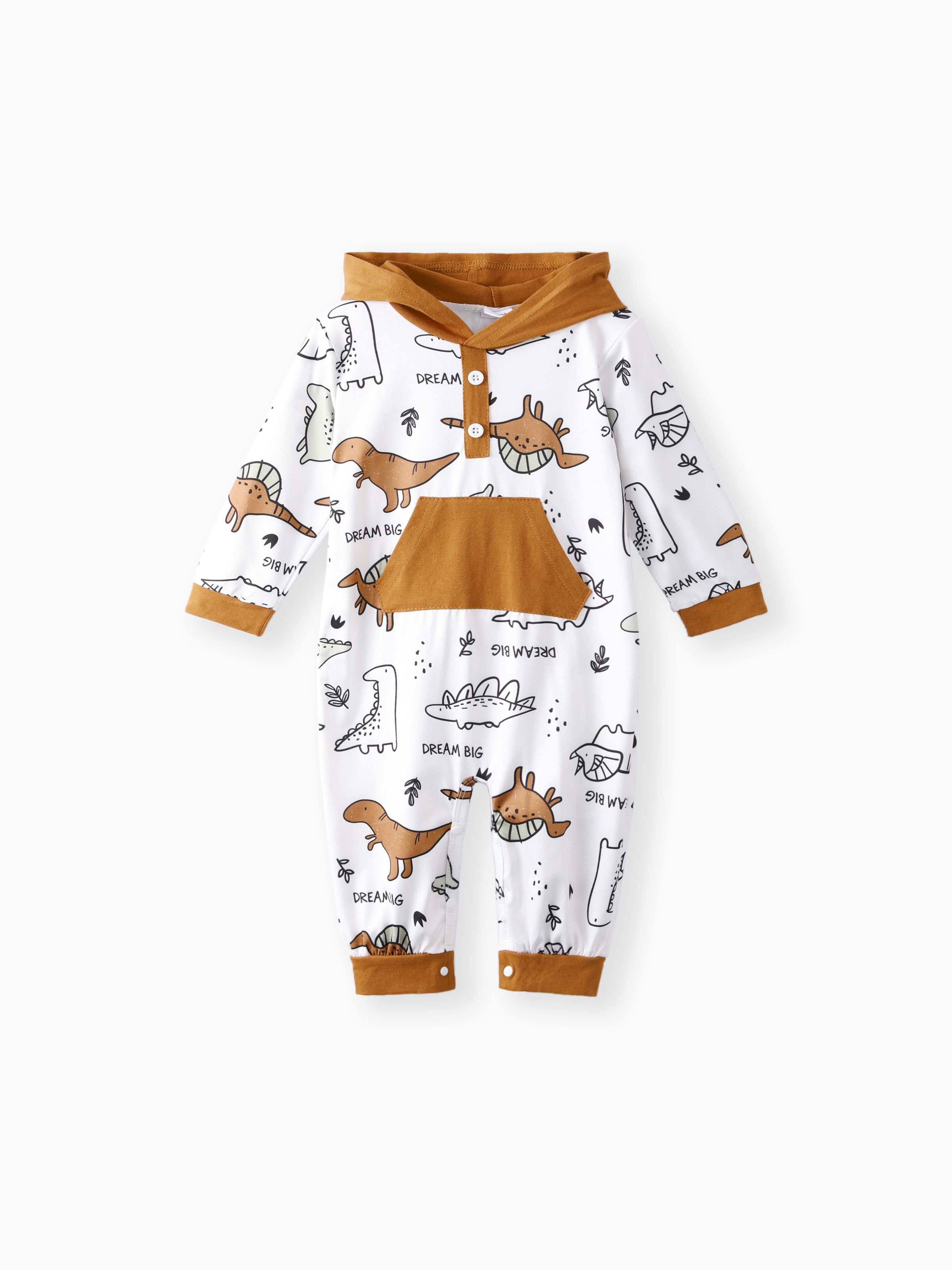 

Baby Boy Buttons Front Dinosaur Pattern Long-sleeve Hooded Jumpsuit