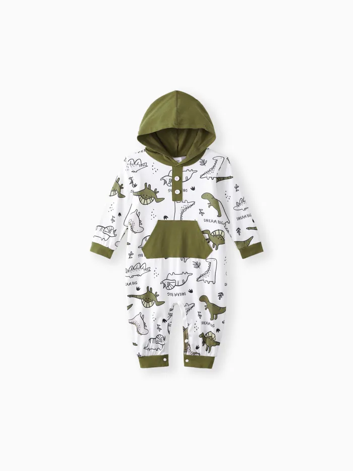 Baby Boy Buttons Front Dinosaur Pattern Long-sleeve Hooded Jumpsuit 