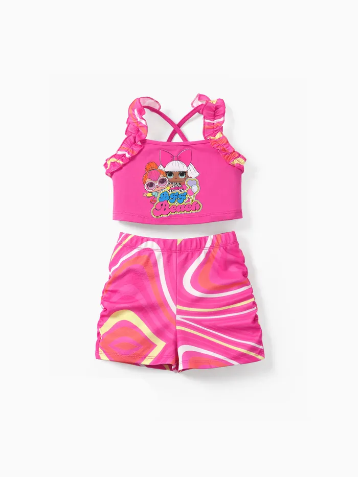 L.O.L. SURPRISE! 2pcs Toddler/Kid Girl Character Print Ruffle Halter Cropped Top with Shorts Set