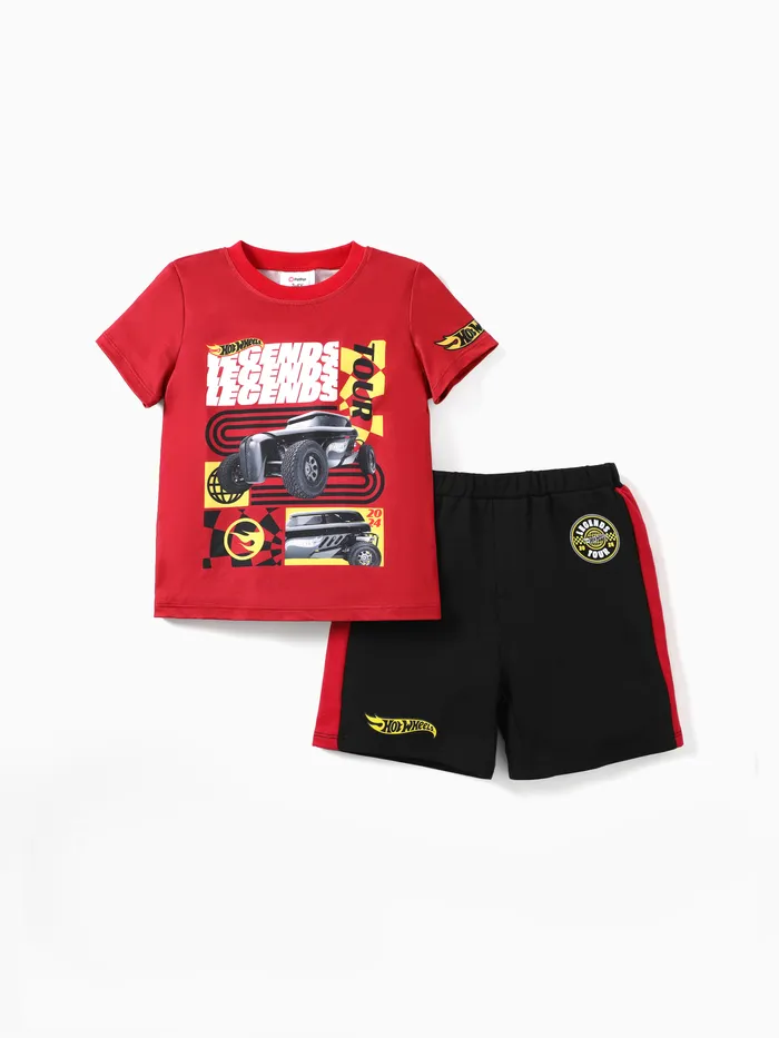 風火輪 2 件蹣跚學步男孩賽車拼色印花 T 恤與針織短褲運動套裝