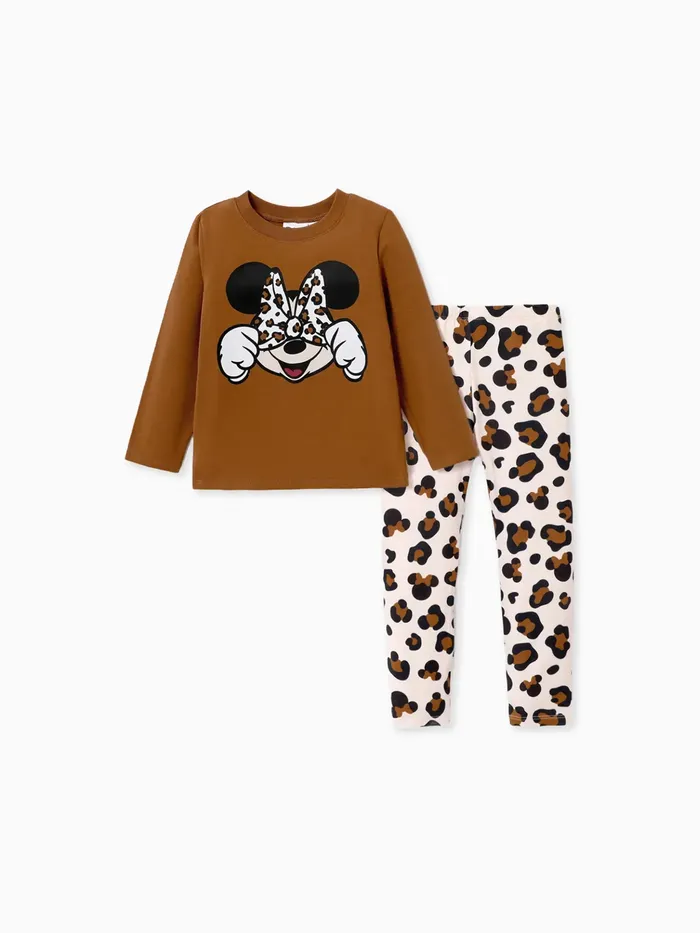 Disney Mickey and Friends Toddler Girl Cotton Leopard Print Solid Top and Pant Sets