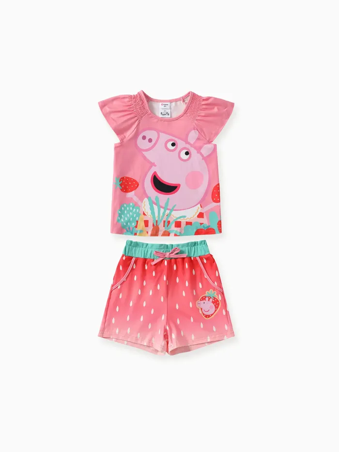 Peppa Pig Kleinkind Mädchen 2-teiliges Erdbeer-Charakter-Print-Flatterärmel-Oberteil mit Shorts Set 