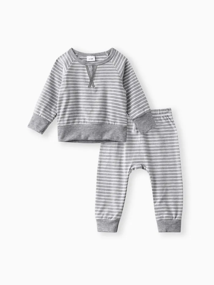 2pcs Baby 95% Cotton Long-sleeve All Over Striped Pullover and Trousers Set