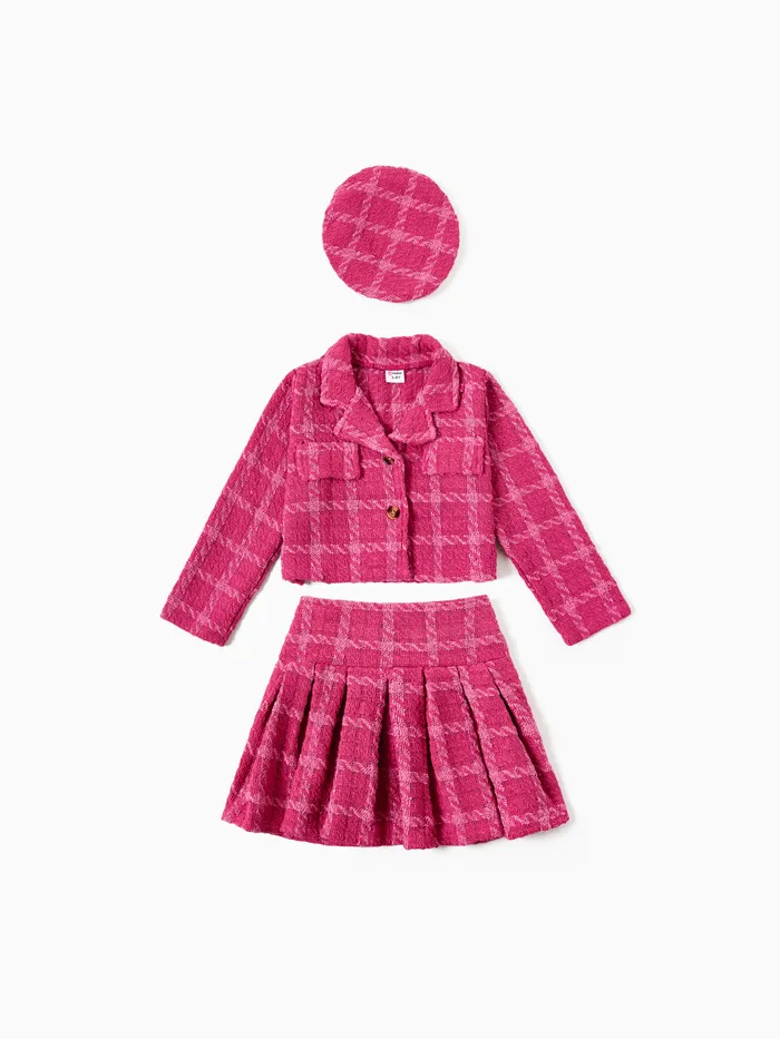 3pcsToddler Girl's Solid Color Classic Grid Houndstooth Suit Dress Set with Hat
