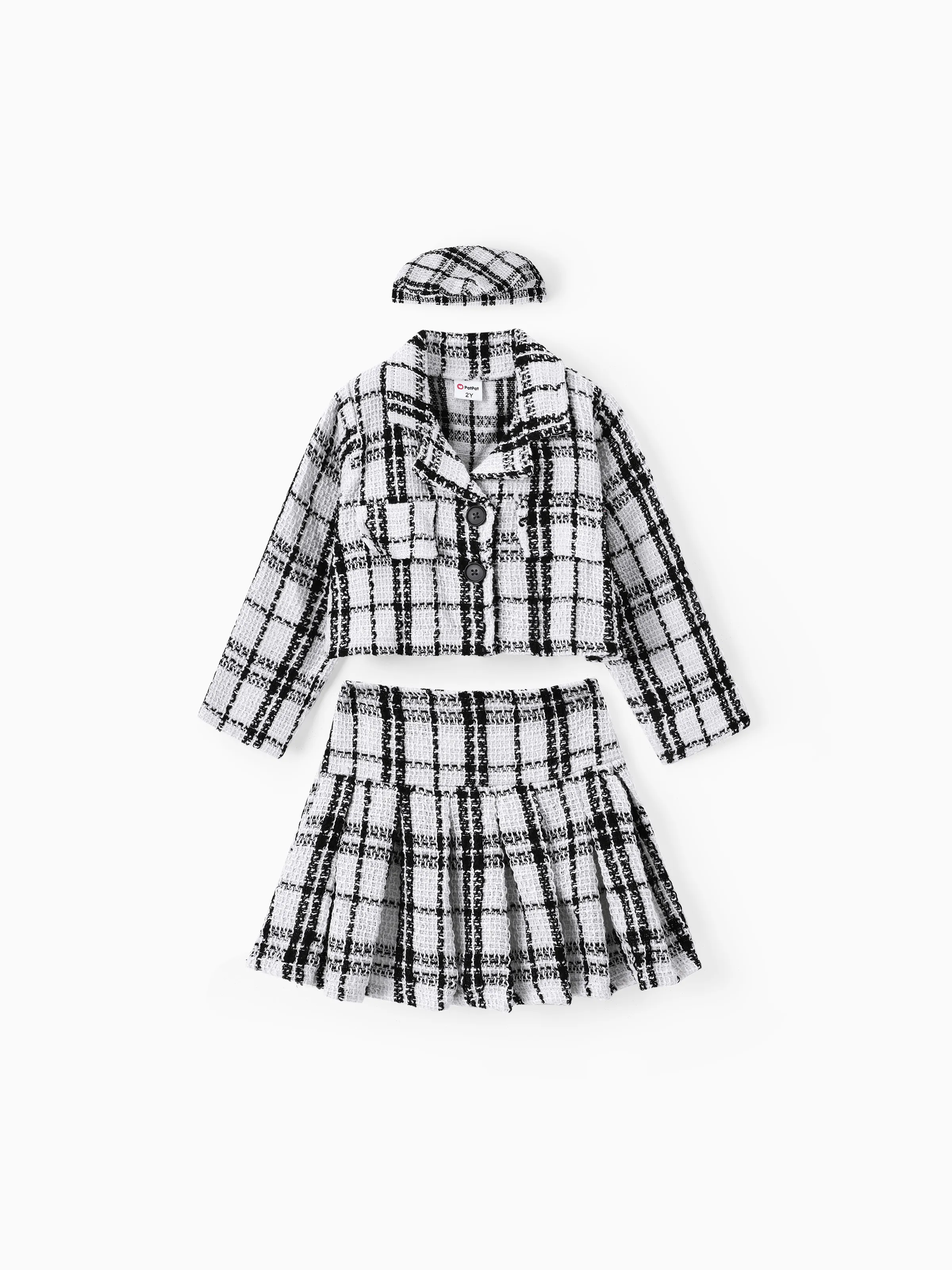 

3pcsToddler Girl's Solid Color Classic Grid Houndstooth Suit Dress Set with Hat