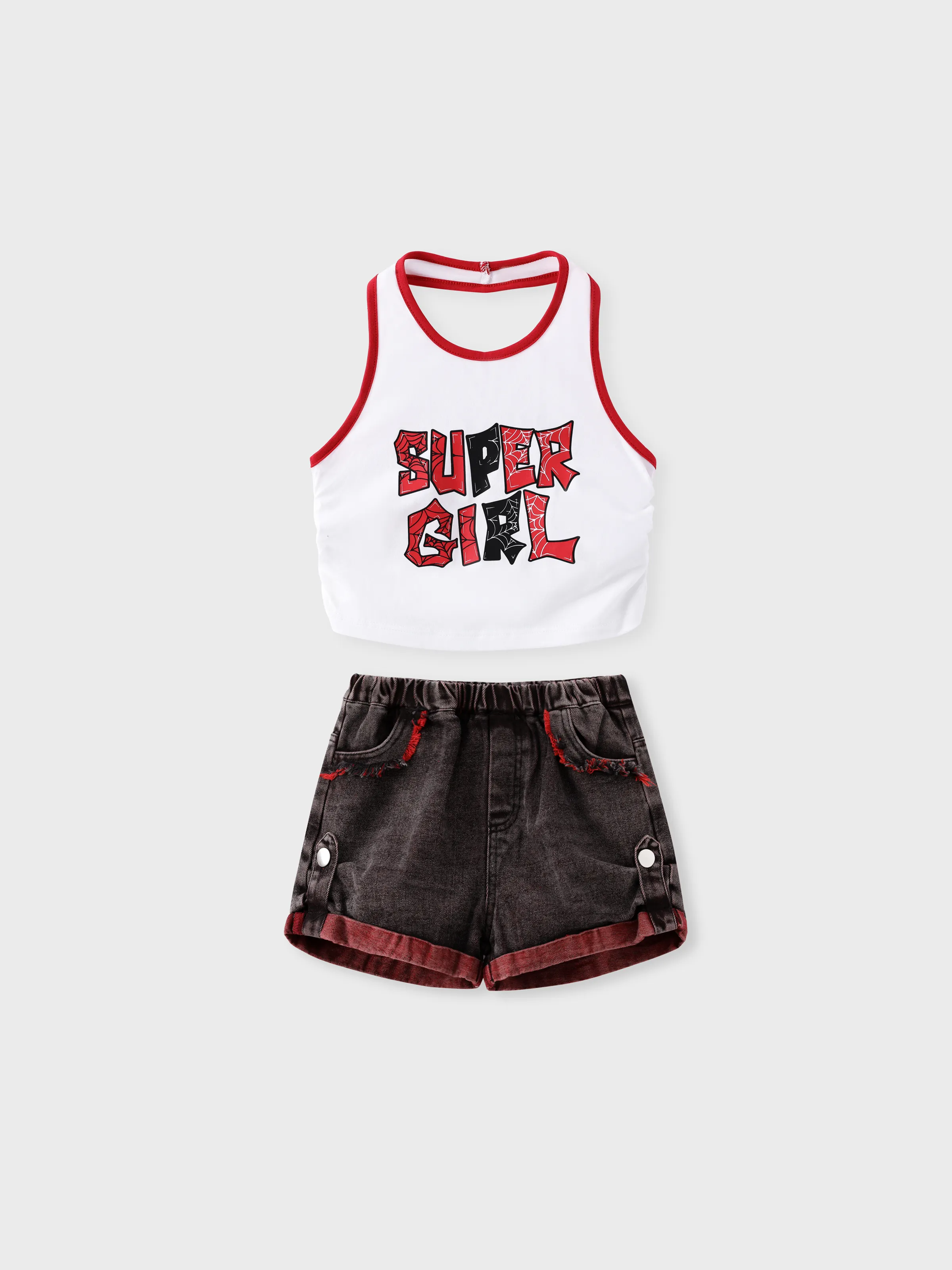 

Toddler Girl 2pcs Letter Print Halter Top and Denim Shorts Set