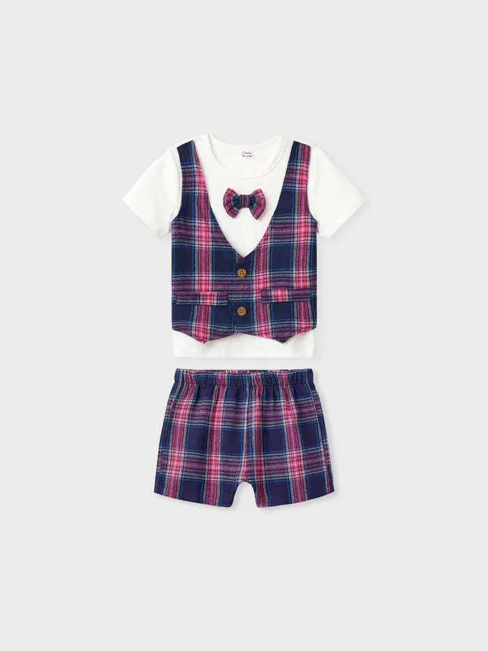 Toddler Boy 2pcs Classic Grid Print Bowknot Faux-two Tee and Shorts Set