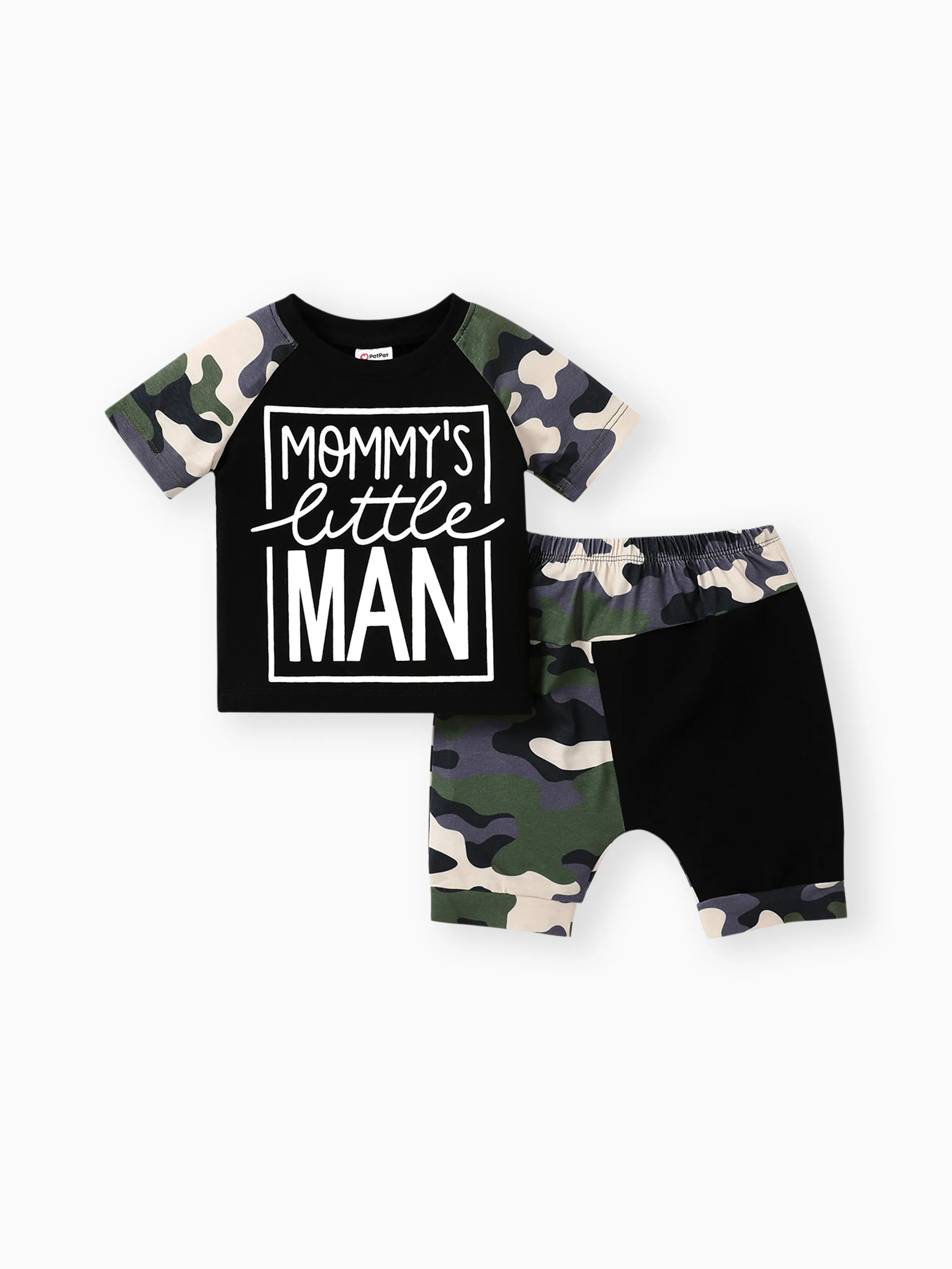 

2pcs Baby Boy Short-sleeve Letter Print Black & Camouflage Naia™ Tee and Capri Pants Set