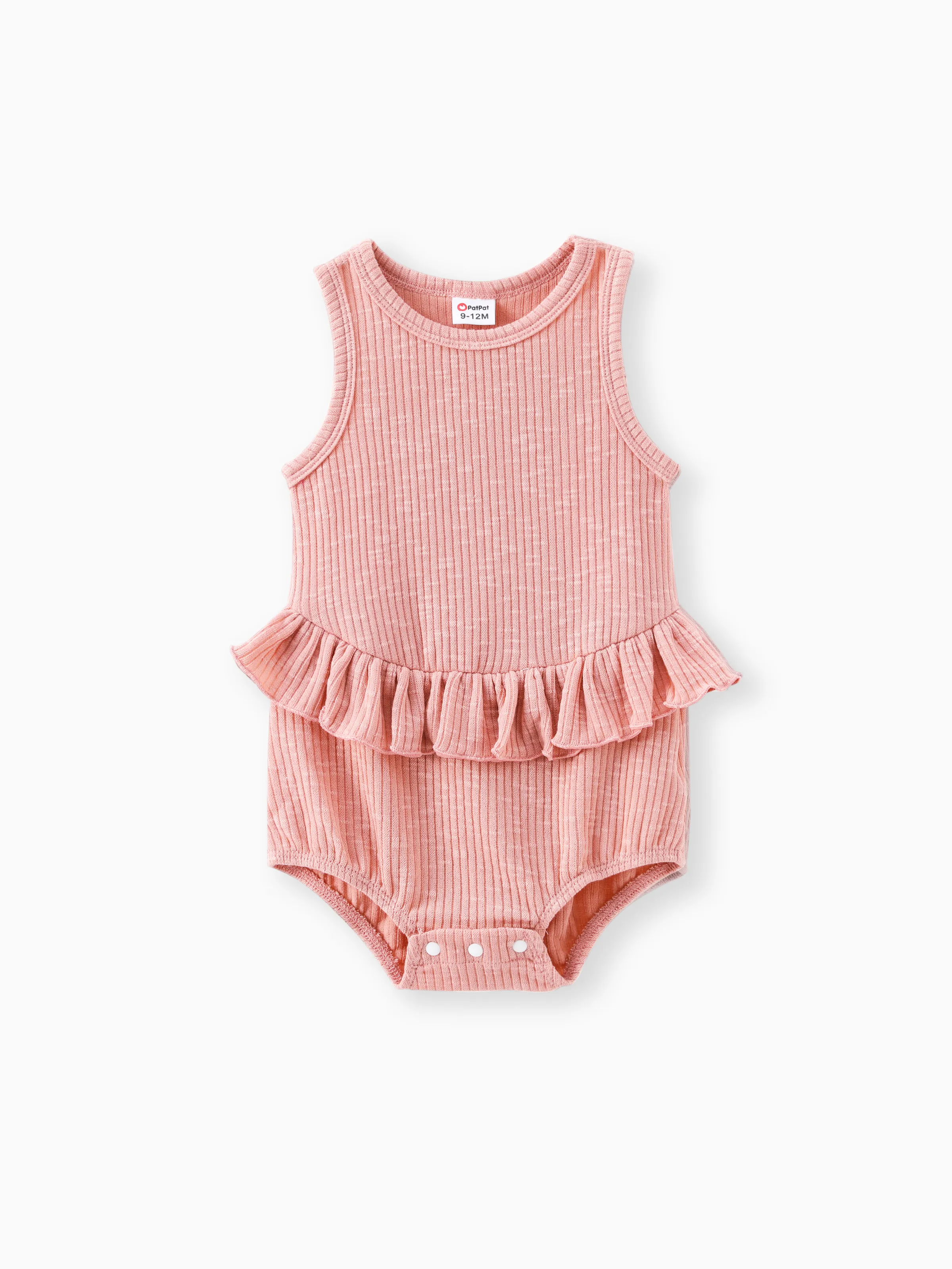 

Baby Girl Solid Ribbed Ruffle Trim Tank Romper