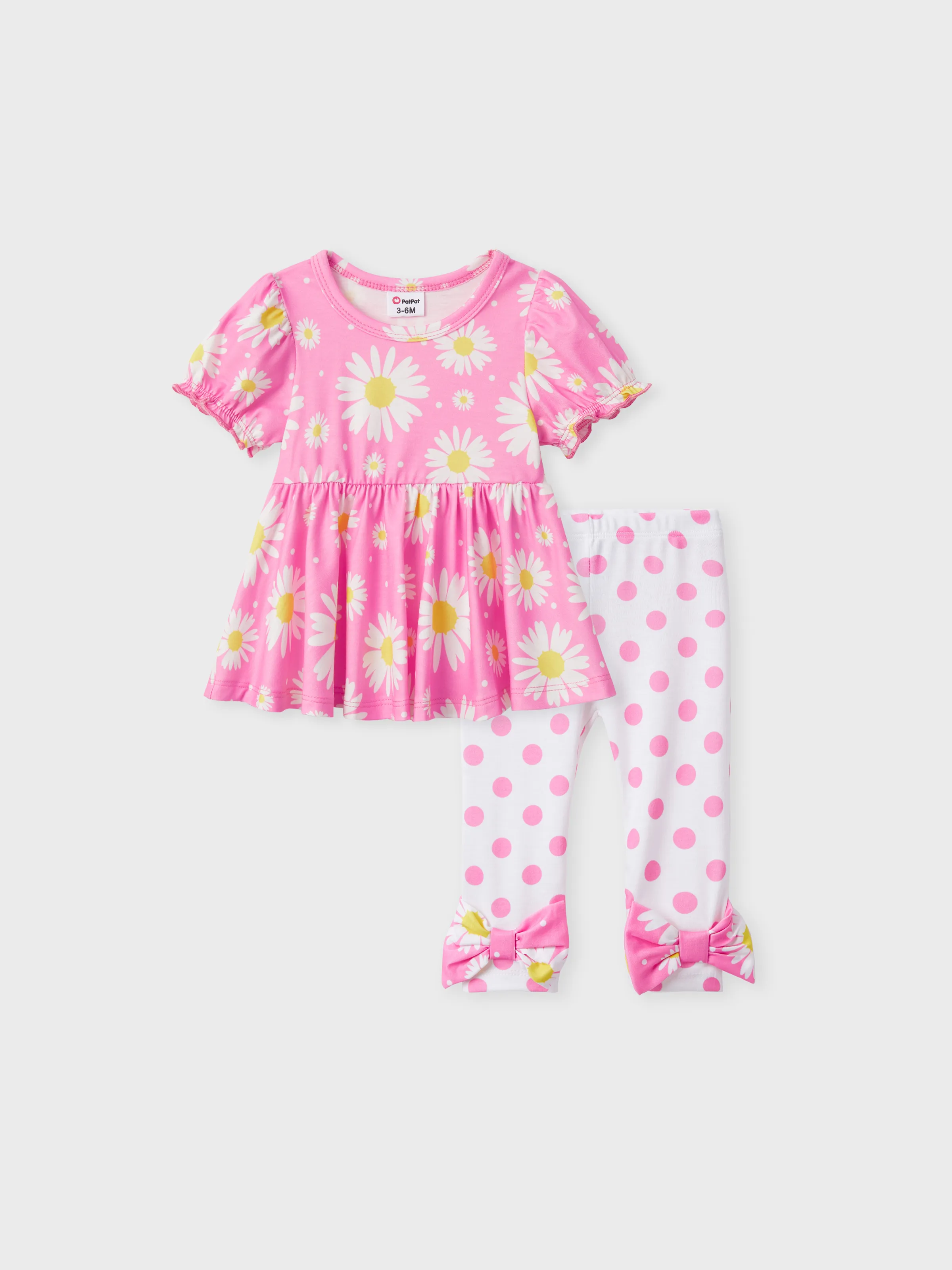 

Baby/Toddler Girl 2pcs Puff-sleeve Floral Print Top and Polka Dots Print Leggings Set