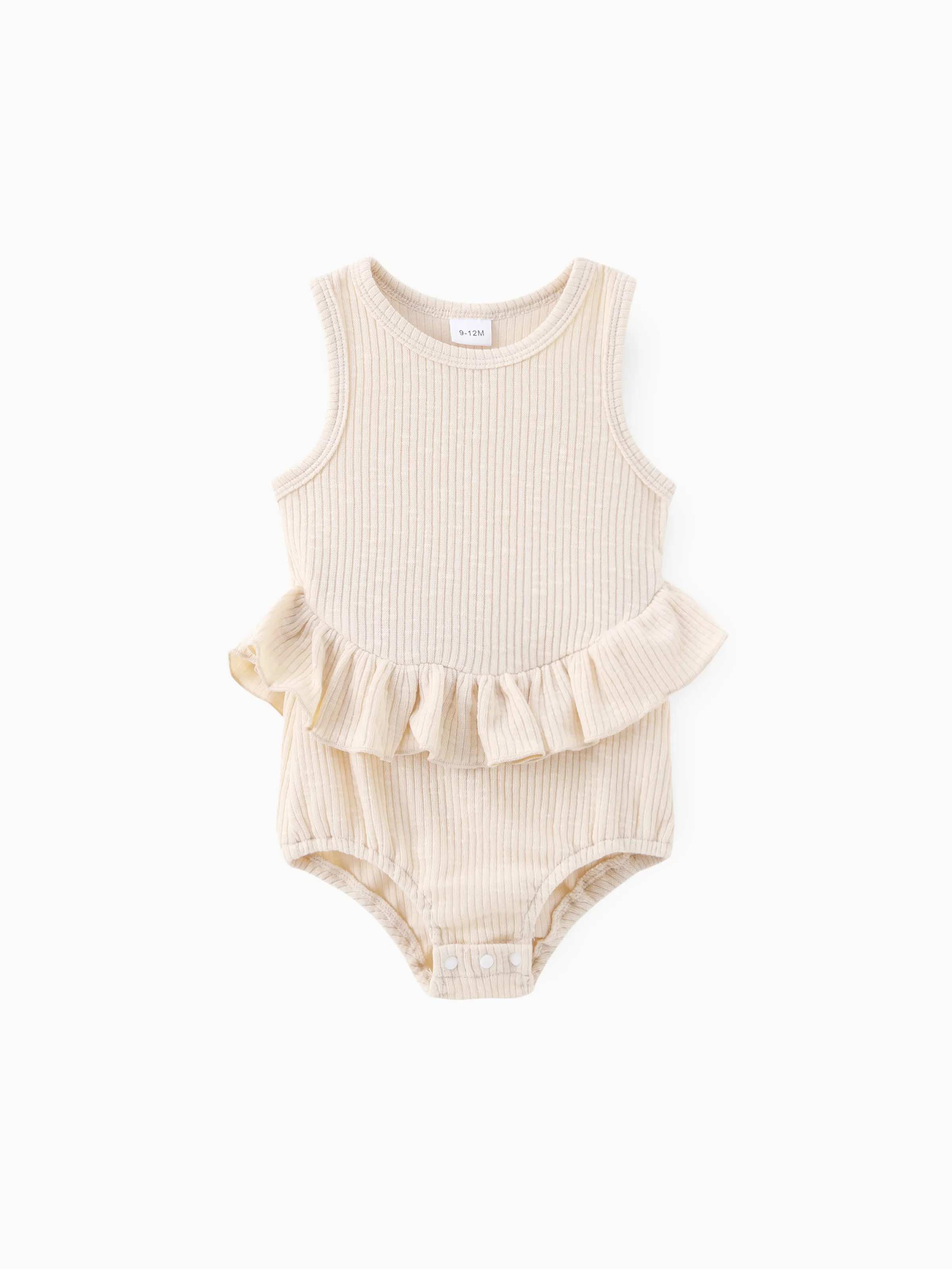 

Baby Girl Solid Ribbed Ruffle Trim Tank Romper