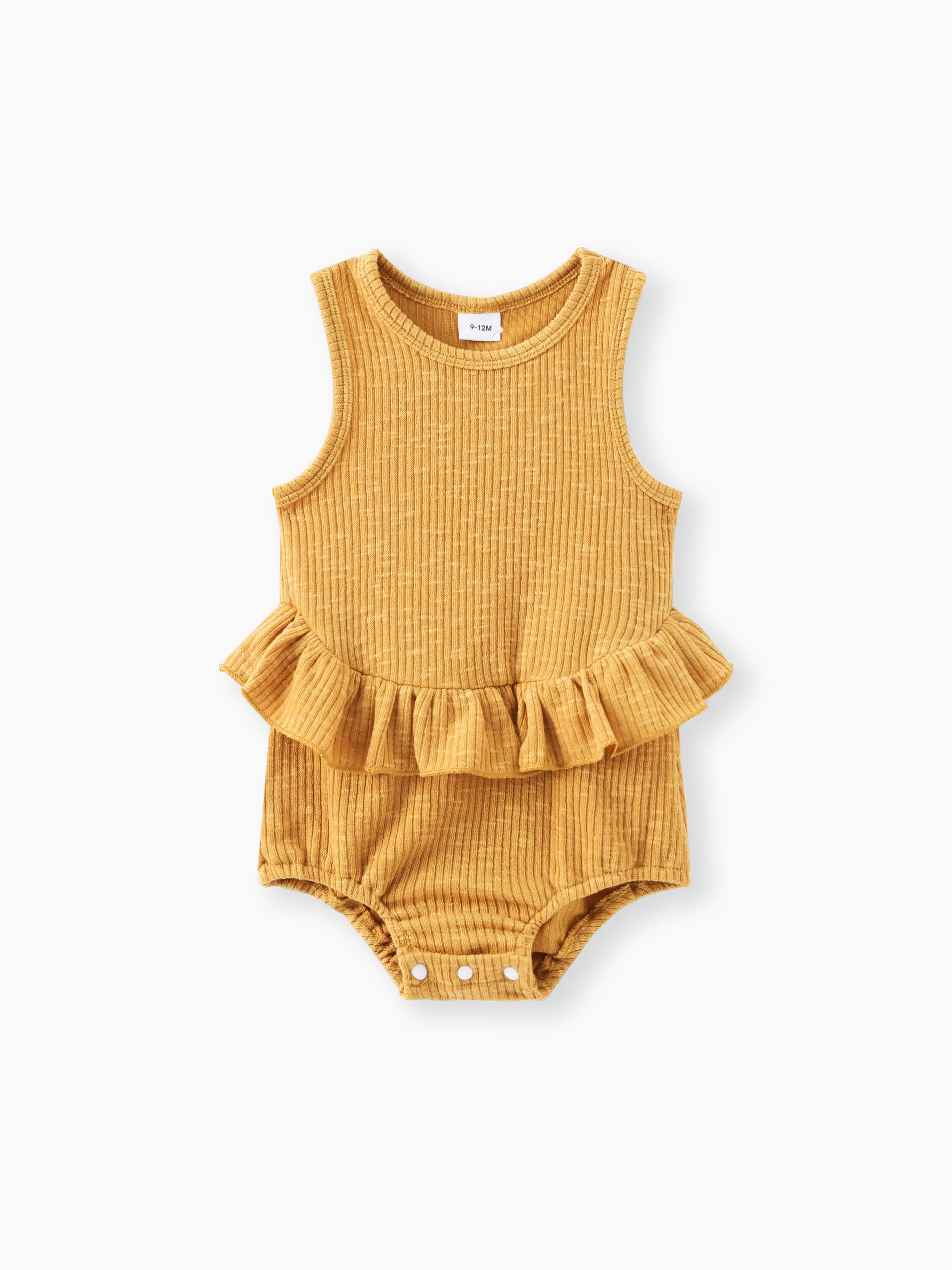 

Baby Girl Solid Ribbed Ruffle Trim Tank Romper