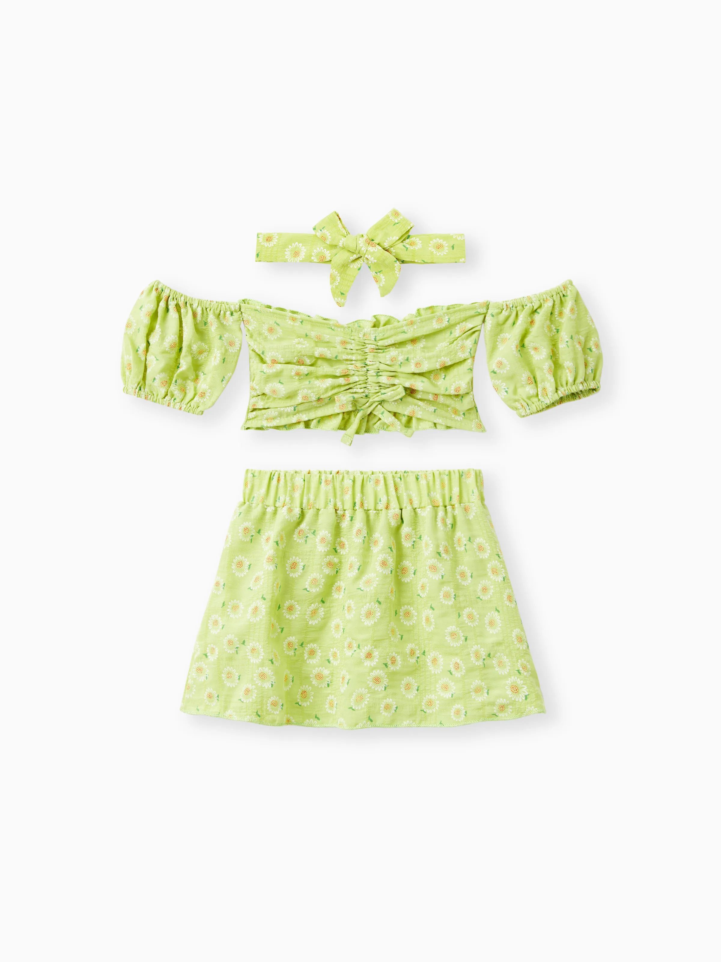 

3pcs Baby Girl Green Floral Print Off Shoulder Strapless Puff-sleeve Crop Top and Skirt with Headband Set