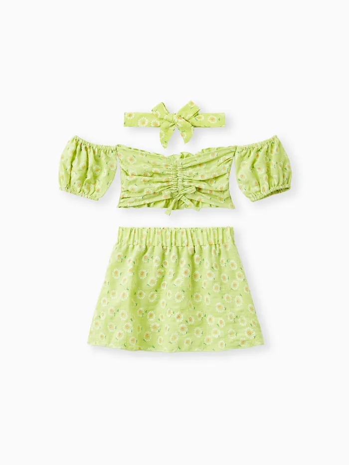 3pcs Baby Girl Green Floral Print Off Shoulder Strapless Puff-sleeve Crop Top and Skirt with Headband Set