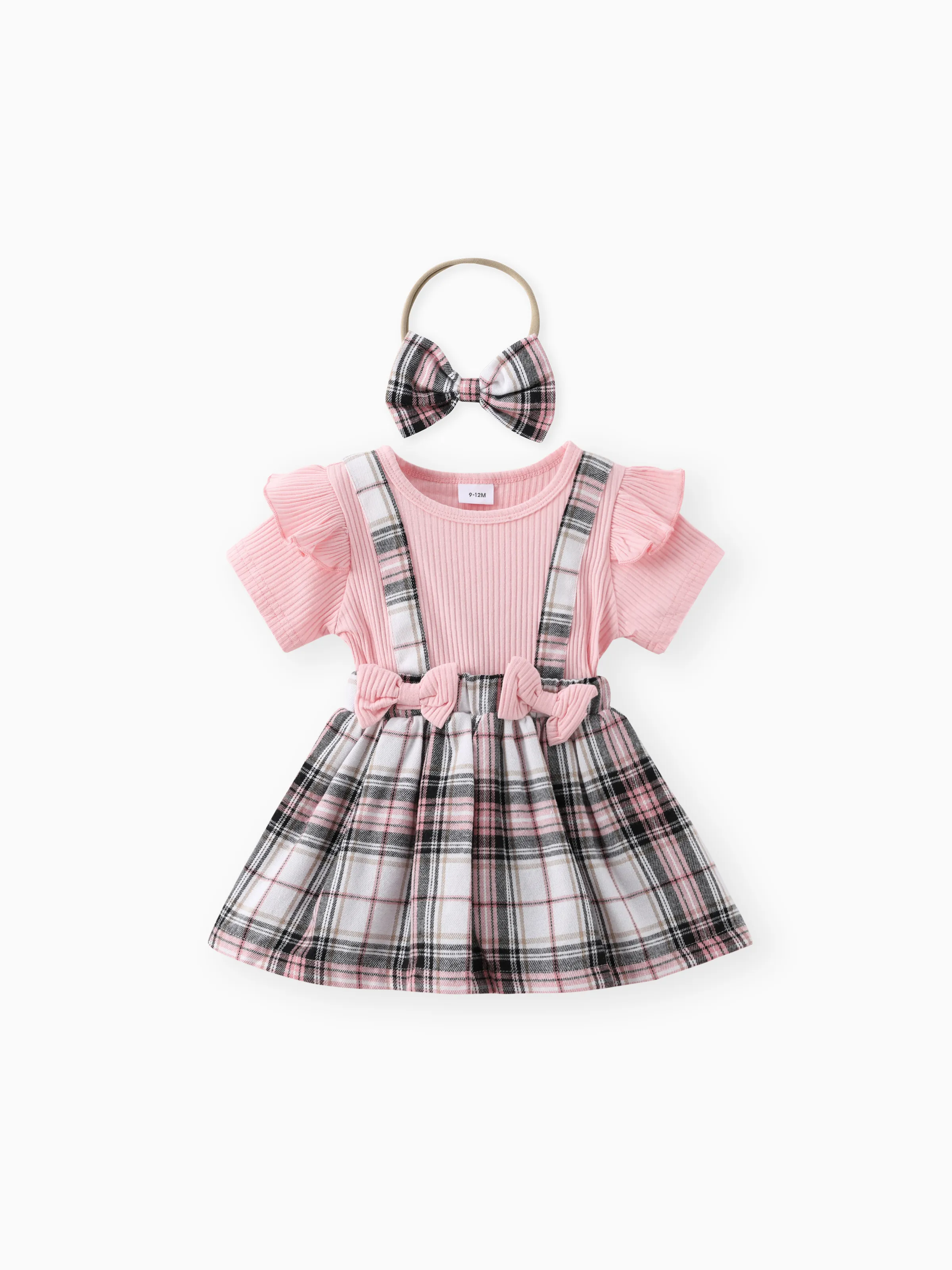 

2pcs Baby Girl 95% Cotton Ribbed Ruffle Trim Bow Decor Short-sleeve Spliced Plaid Dress & Headband Set