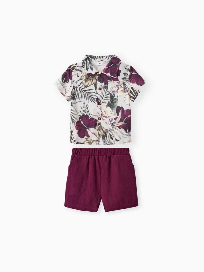 2pcs Toddler Boy Boho Floral Print Shirt and Shorts Set