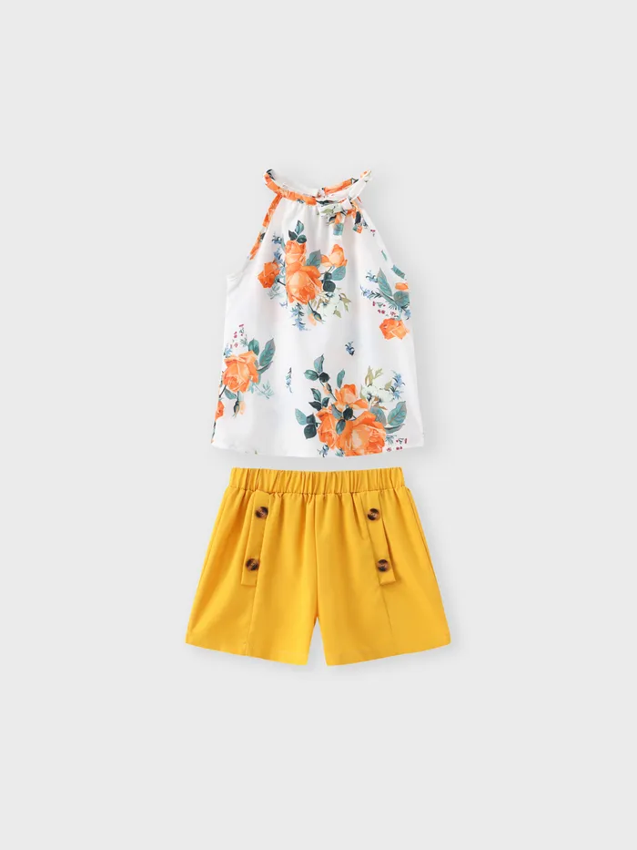 2pcs Kid Girl Floral Print Halter Tee and Button Design Elasticized Shorts Set